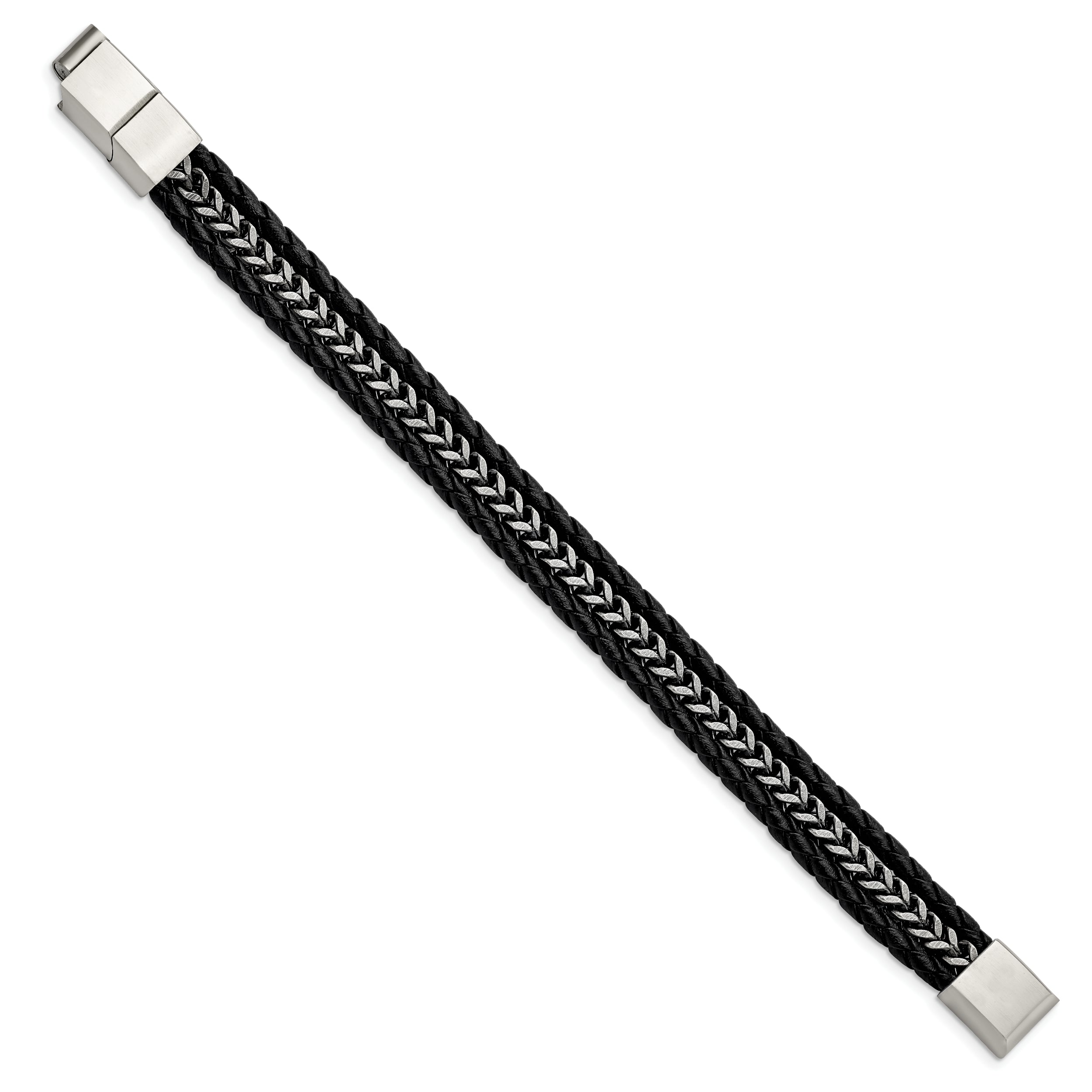 Chisel Stainless Steel Antiqued and Brushed Multi Strand Chain and Black Leather 8.25 inch Bracelet with .5 inch Extension