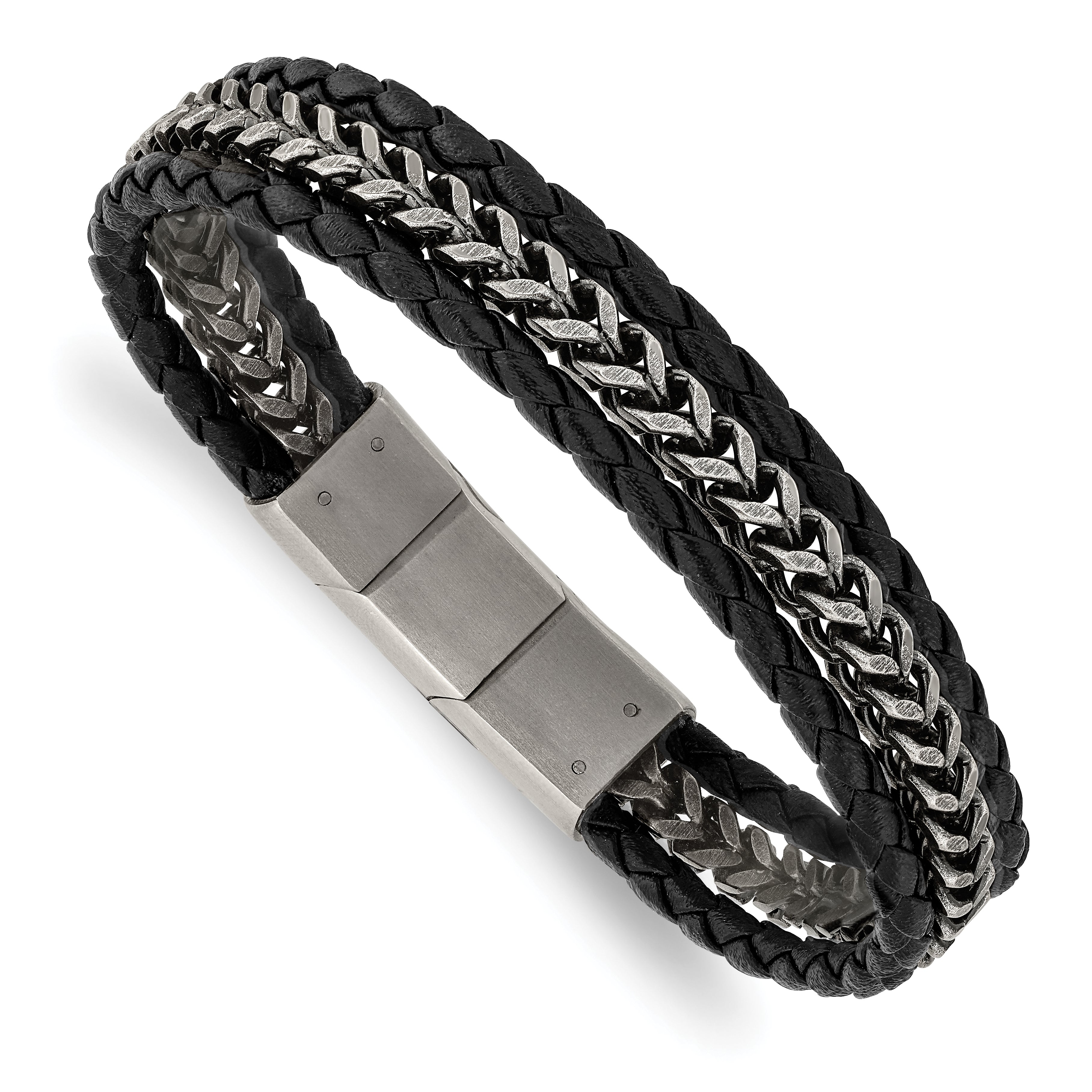 Chisel Stainless Steel Antiqued and Brushed Multi Strand Chain and Black Leather 8.25 inch Bracelet with .5 inch Extension Main image