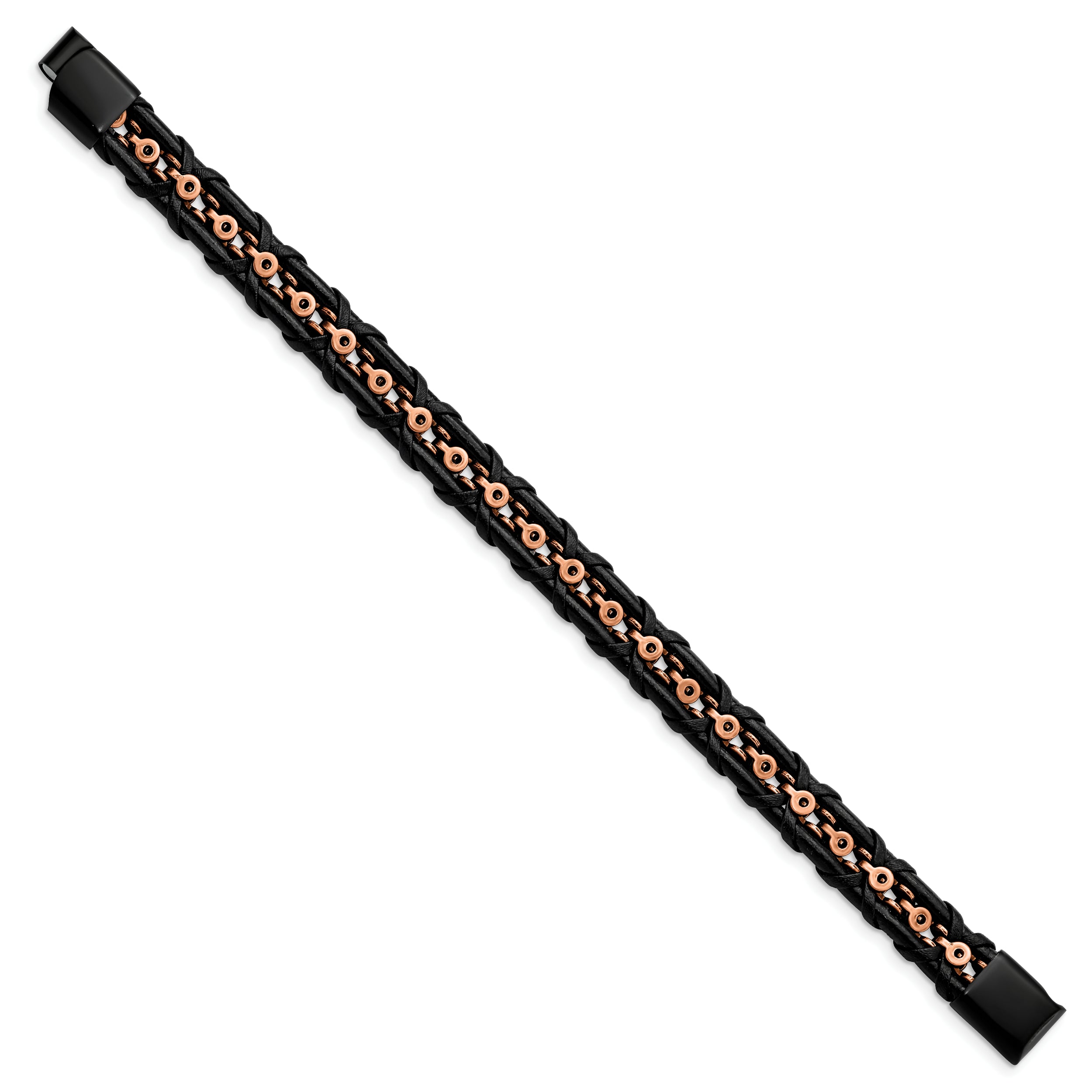Chisel Stainless Steel Antiqued and Polished Rose IP-plated Black Leather 8.5 inch Bracelet