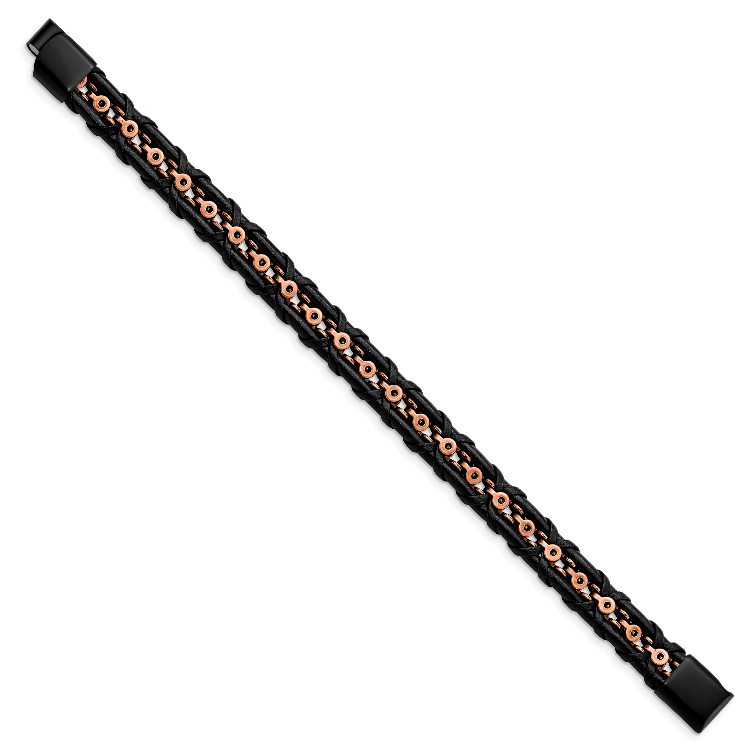 Chisel Stainless Steel Antiqued and Polished Rose IP-plated Black Leather 8.5 inch Bracelet Secondary image