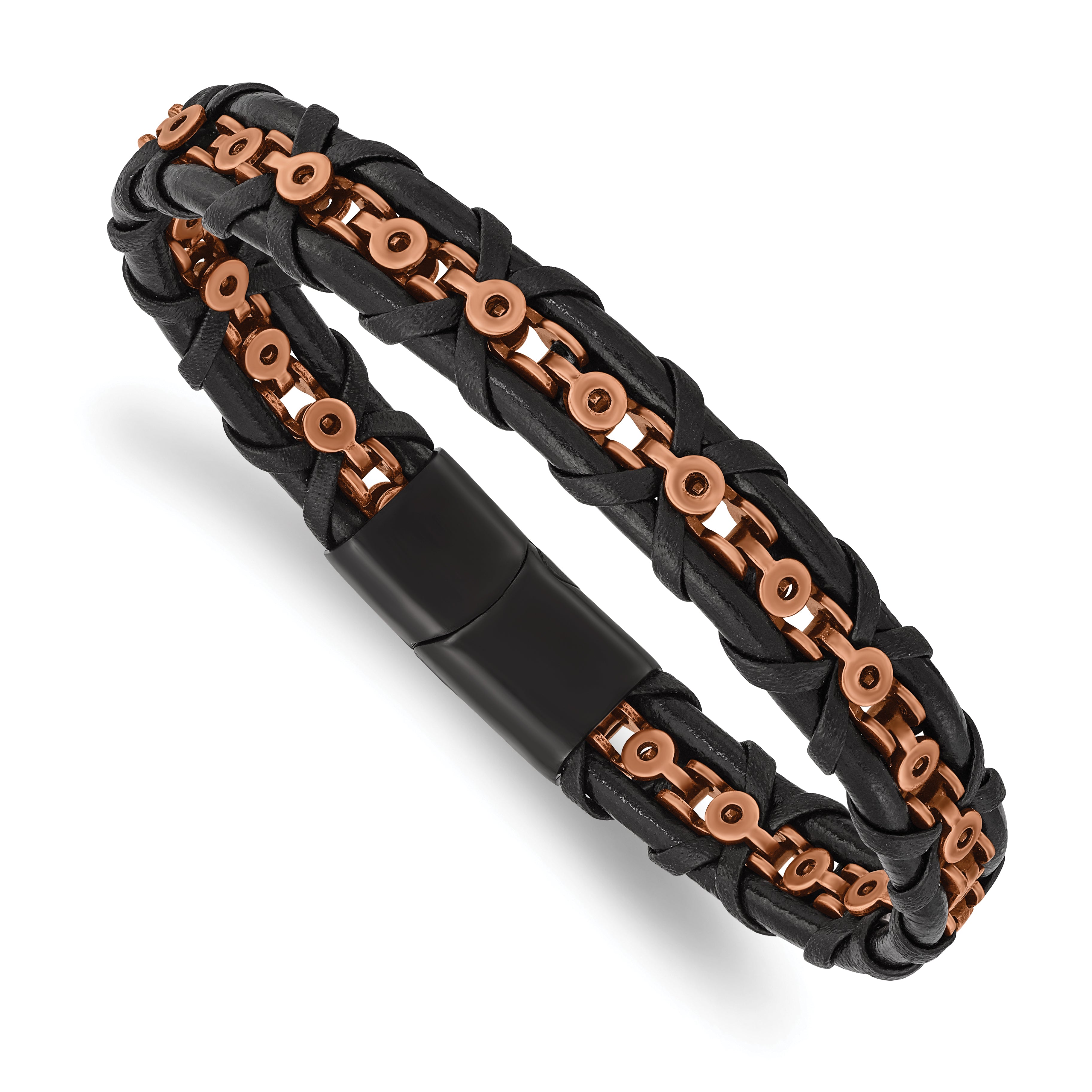 Chisel Stainless Steel Antiqued and Polished Rose IP-plated Black Leather 8.5 inch Bracelet Main image