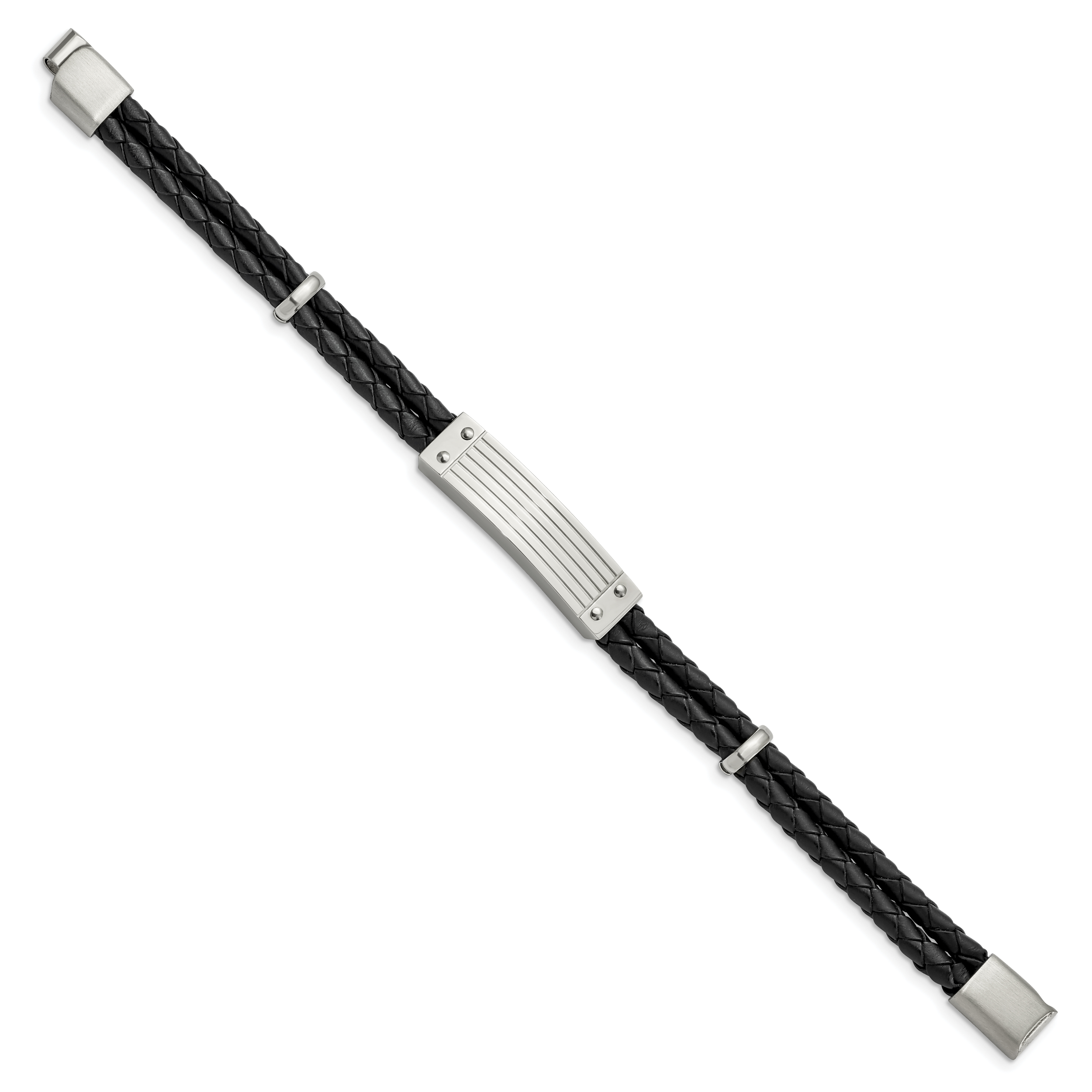 Black Woven Leather Two-Strand Bracelet in Stainless Steel