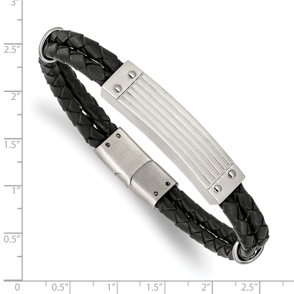 Black Woven Leather Two-Strand Bracelet in Stainless Steel