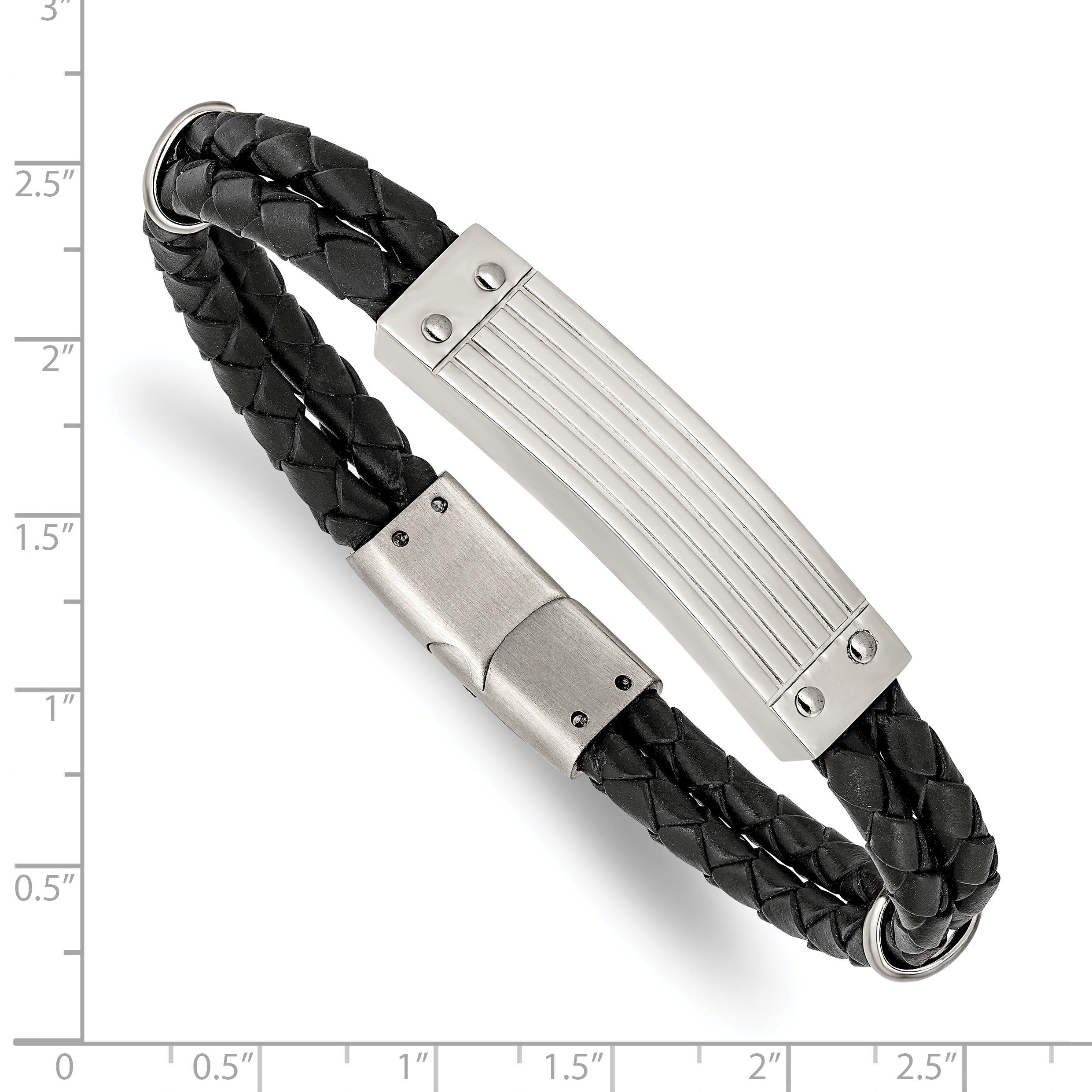 Black Woven Leather Two-Strand Bracelet in Stainless Steel