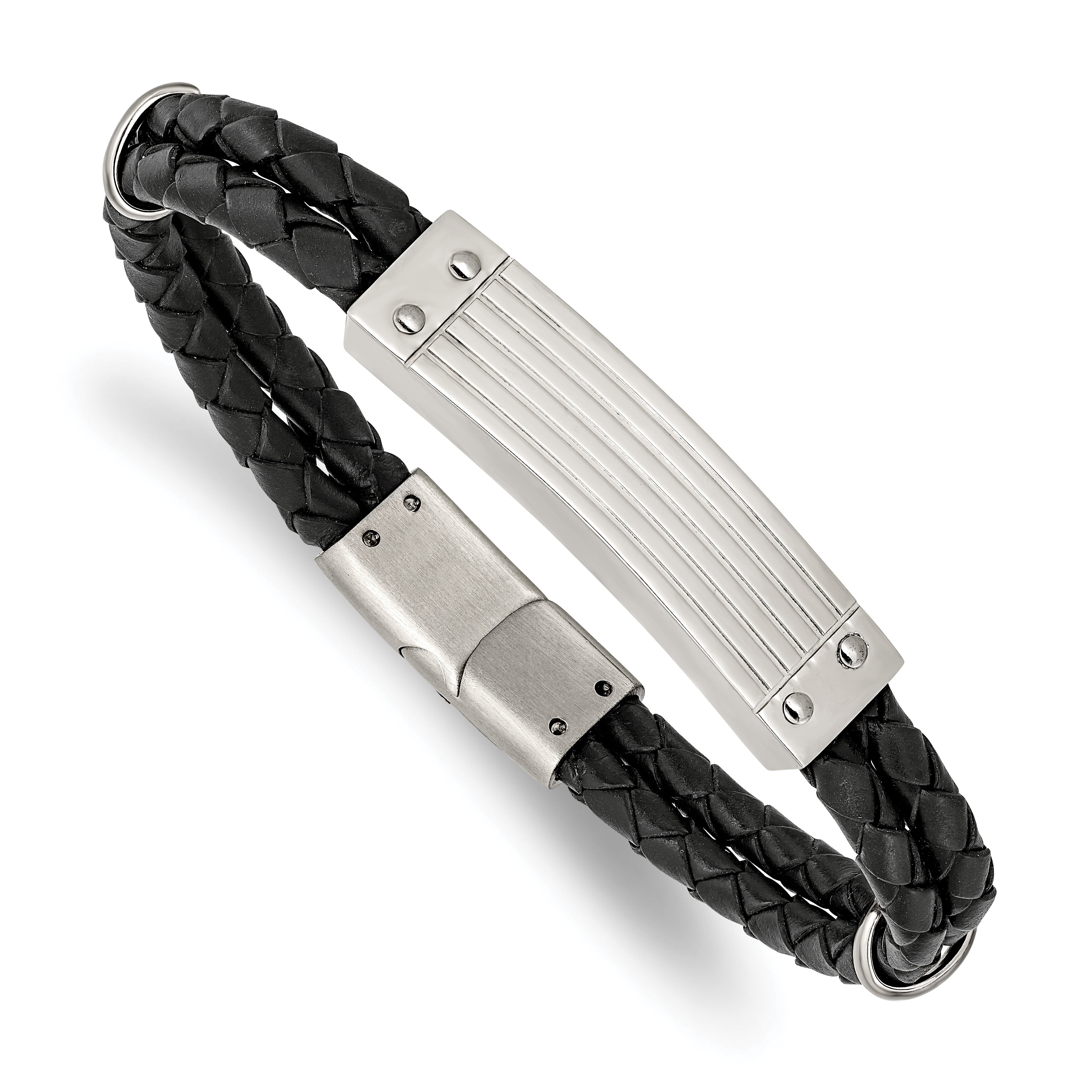 Stainless Steel Polished Black Woven Leather 2 Strand 8.25in Bracelet Main image