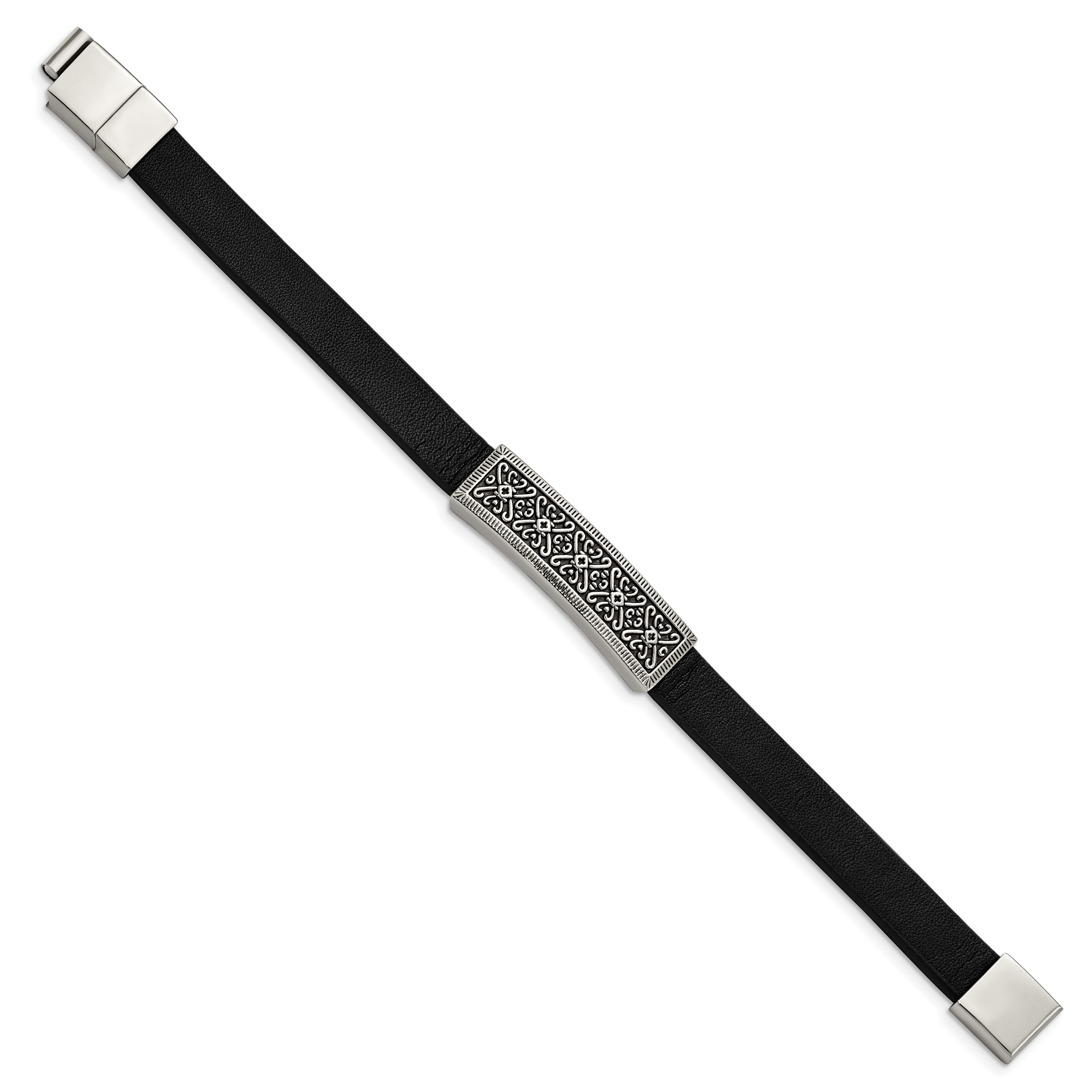 Antiqued Black Leather Bracelet in Stainless Steel Secondary image