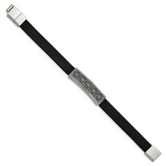 Stainless Steel Antiqued & Polished Black Leather w/.5in ext 8in Bracelet