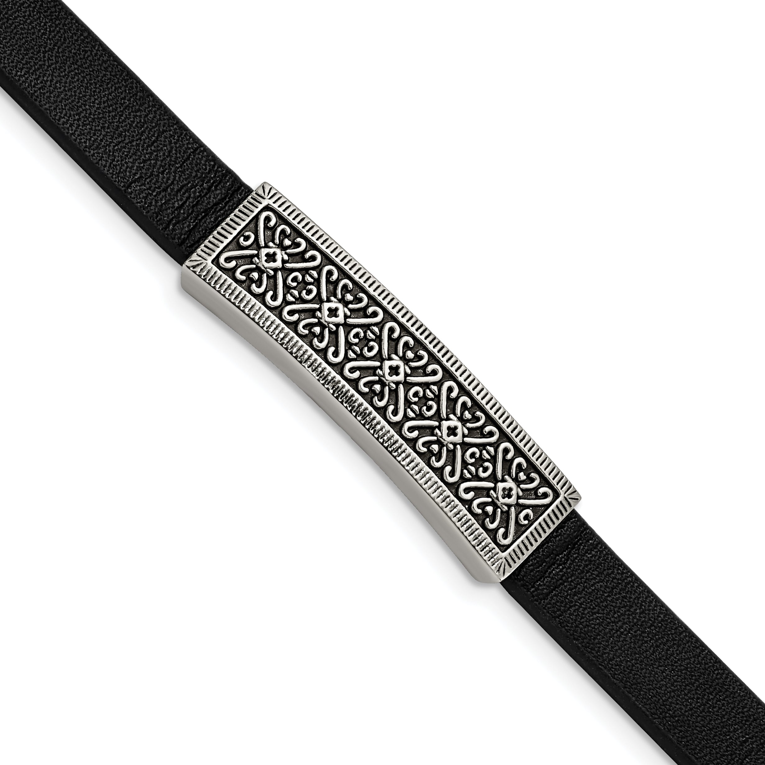 Stainless Steel Antiqued & Polished Black Leather w/.5in ext 8in Bracelet Main image