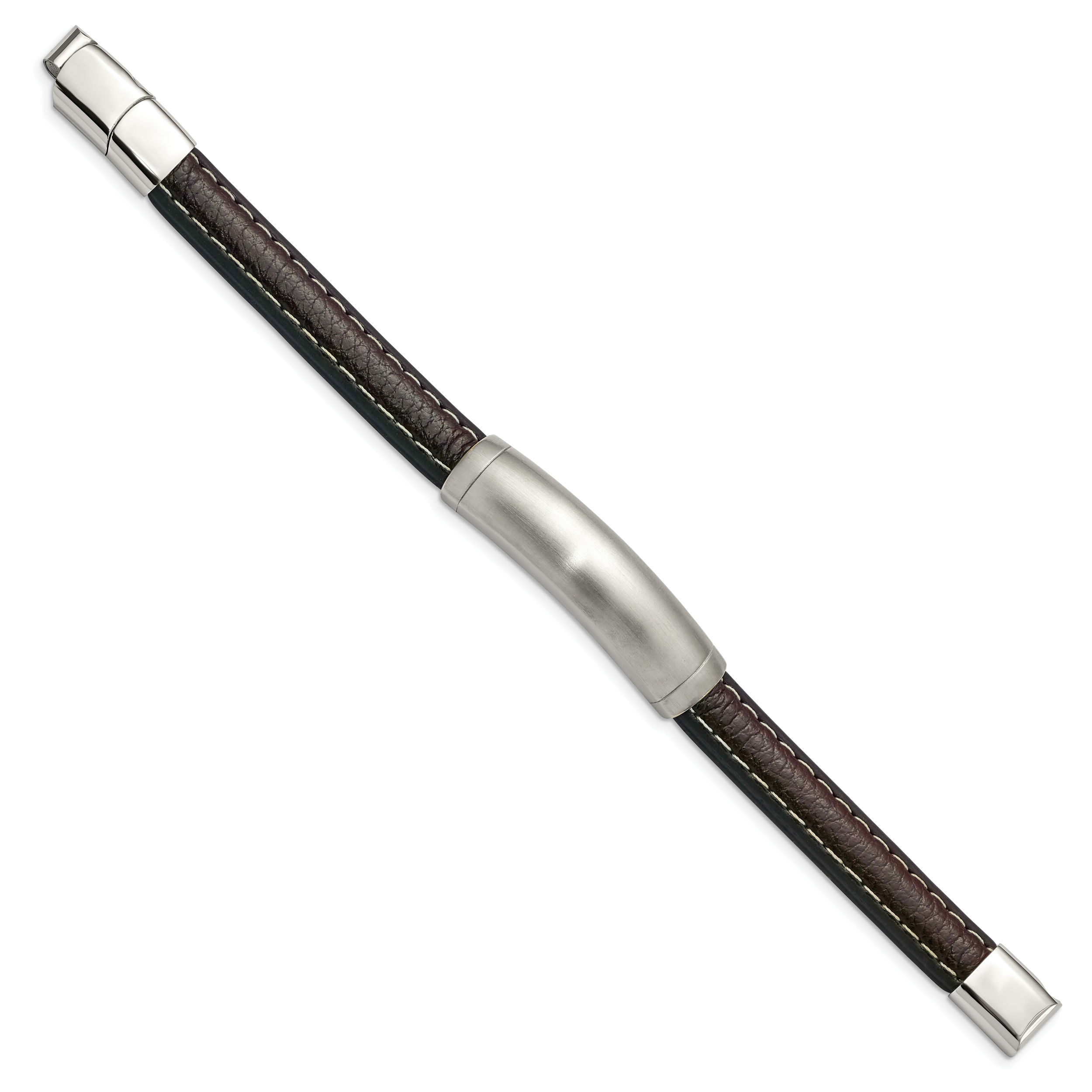 Chisel Stainless Steel Brushed Dark Brown Leather 8 inch ID Bracelet with .5 inch Extension Secondary image