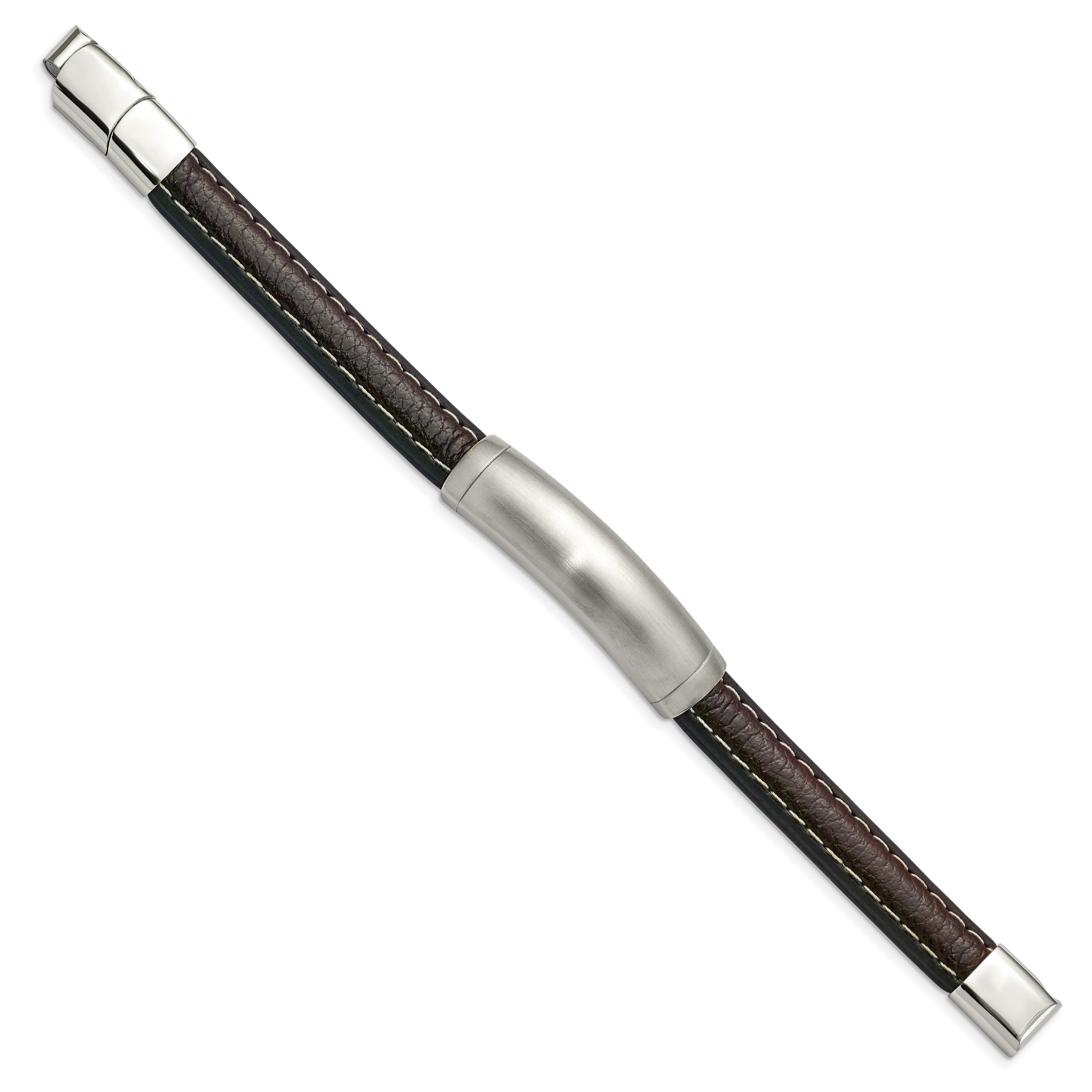 Chisel Stainless Steel Brushed Dark Brown Leather 8 inch ID Bracelet with .5 inch Extension
