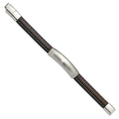 Chisel Stainless Steel Brushed Dark Brown Leather 8 inch ID Bracelet with .5 inch Extension