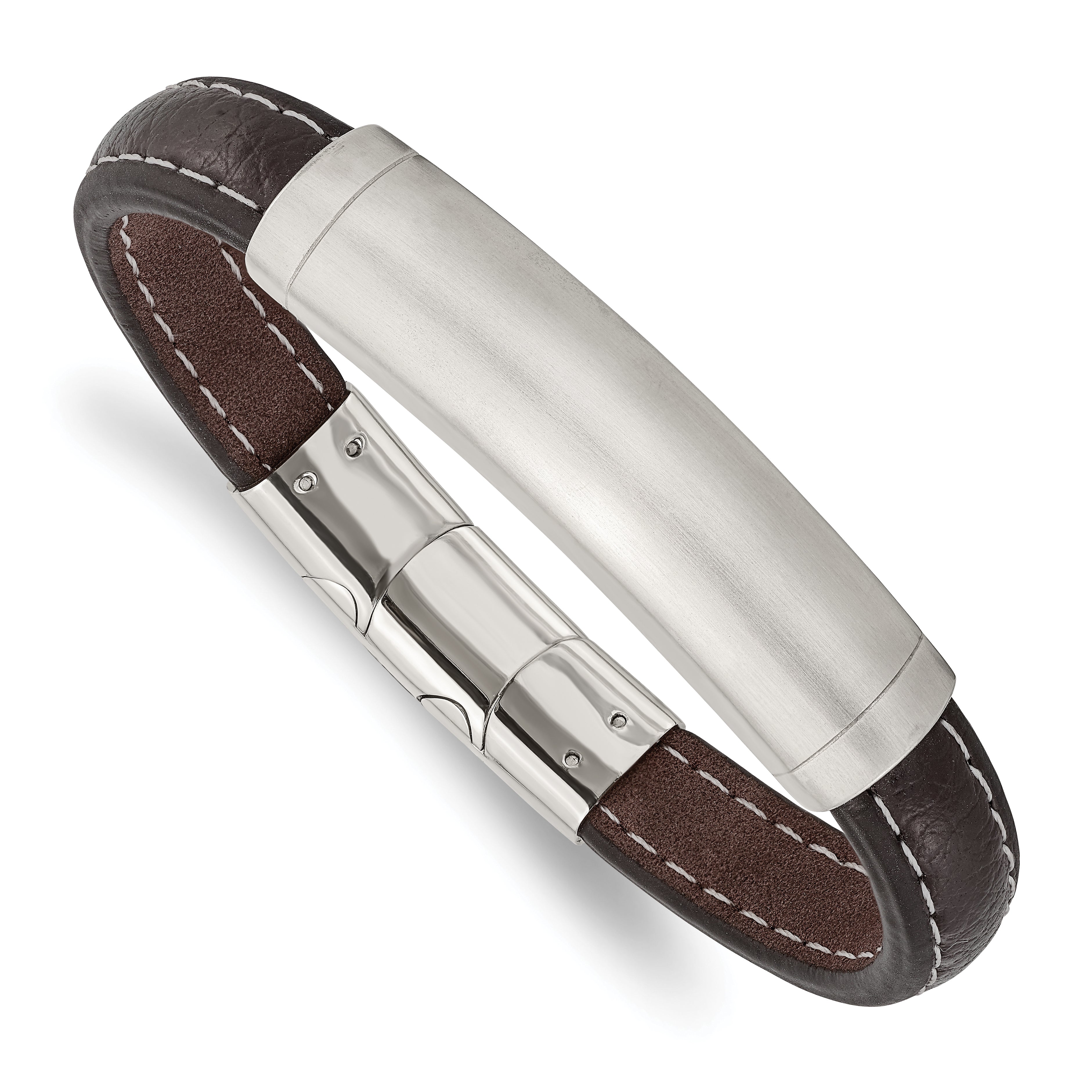 Chisel Stainless Steel Brushed Dark Brown Leather 8 inch ID Bracelet with .5 inch Extension Main image