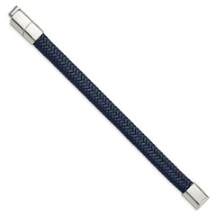 Chisel Stainless Steel Polished Navy Blue Braided Leather 7.75 inch Bracelet with .5 inch Extension