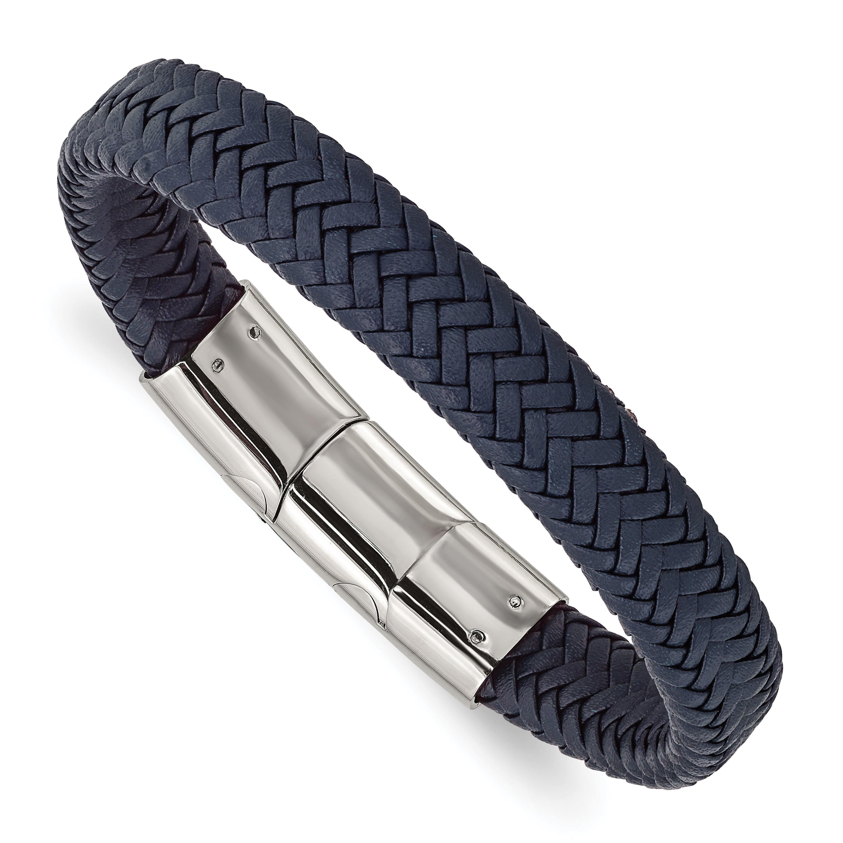 Chisel Stainless Steel Polished Navy Blue Braided Leather 7.75 inch Bracelet with .5 inch Extension