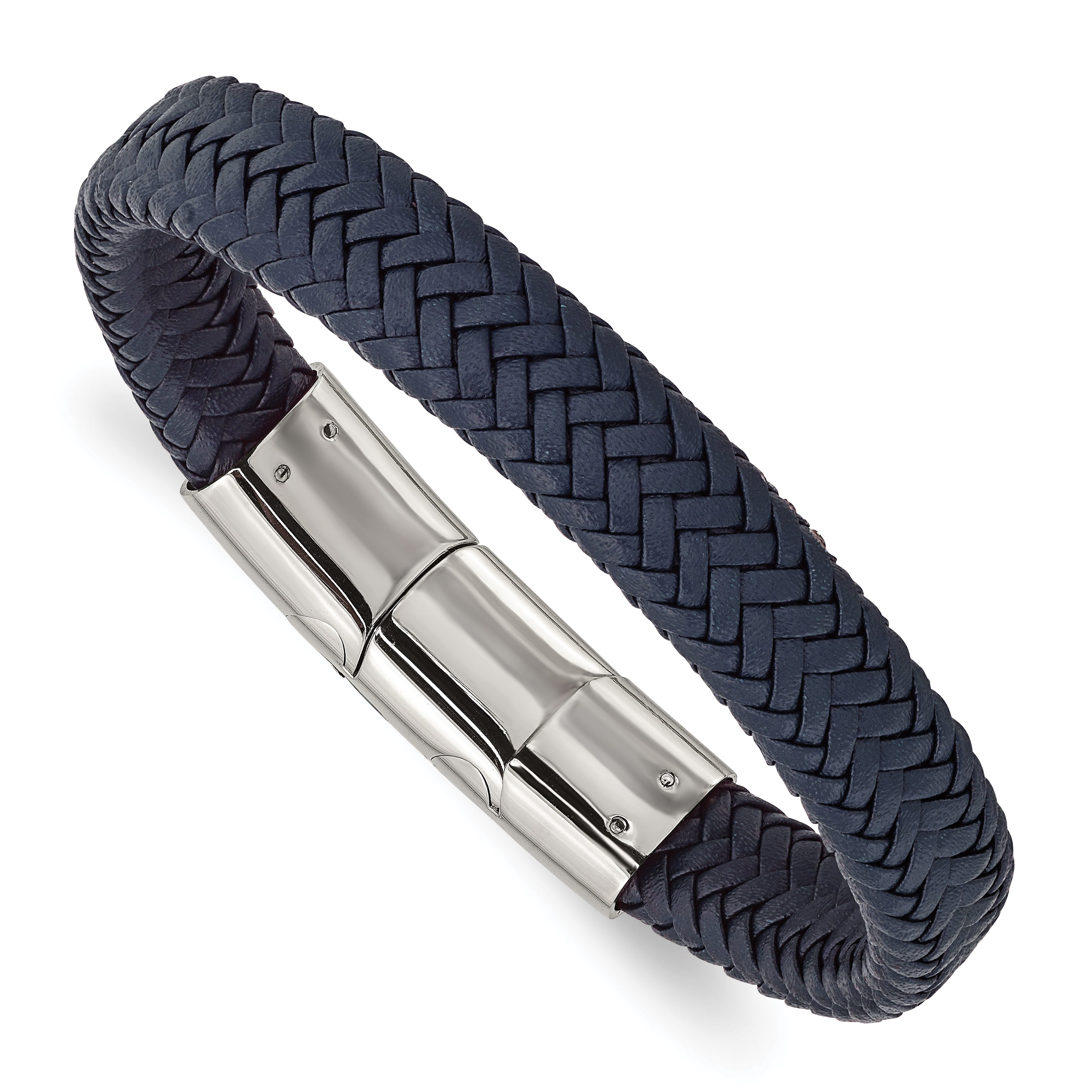 Chisel Stainless Steel Polished Navy Blue Braided Leather 7.75 inch Bracelet with .5 inch Extension Main image