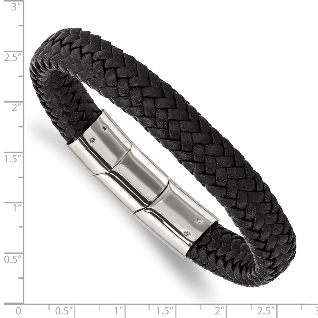Braided Leather Bracelet in Stainless Steel