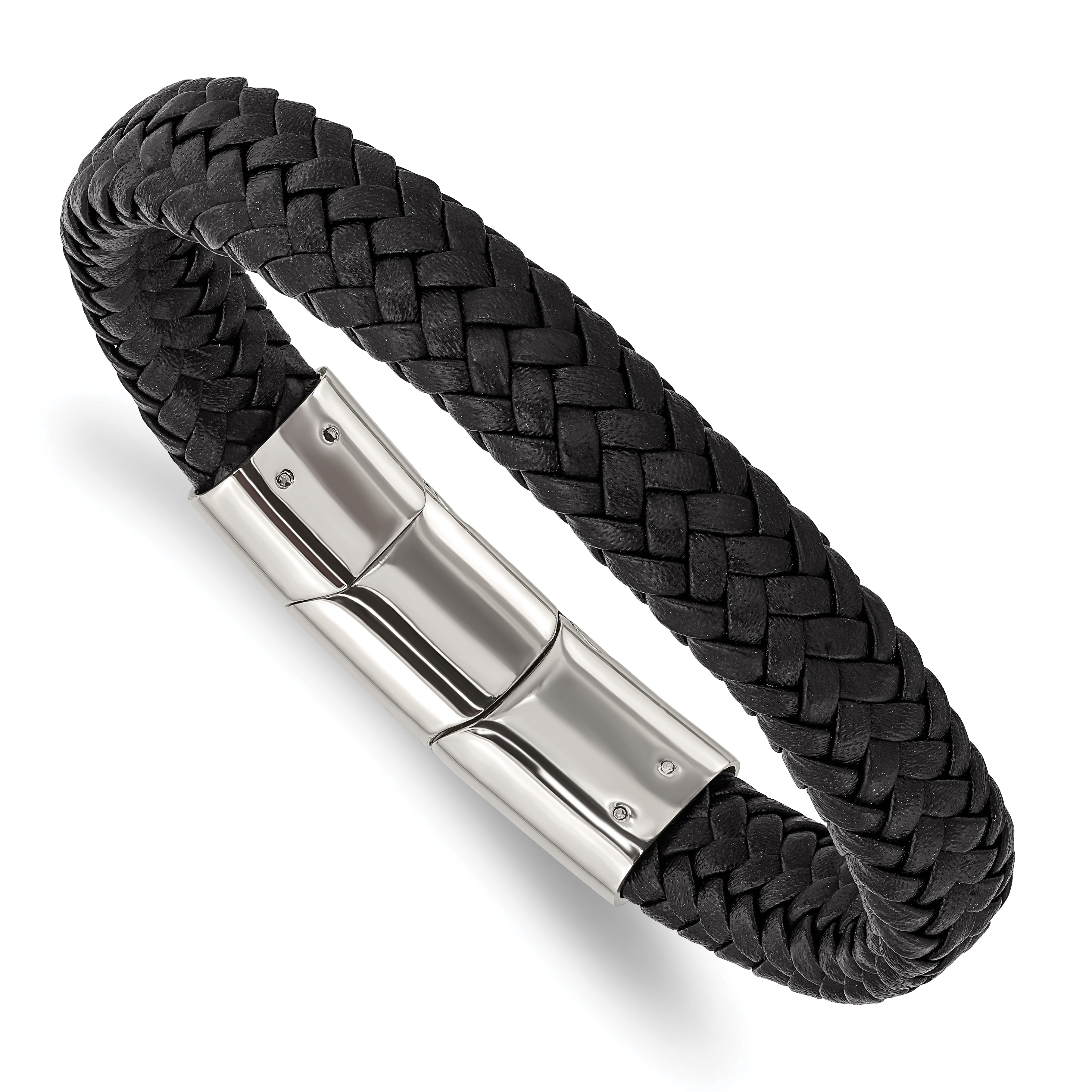 Chisel Stainless Steel Polished Black Braided Leather 8 inch Bracelet with .5 inch Extension Main image
