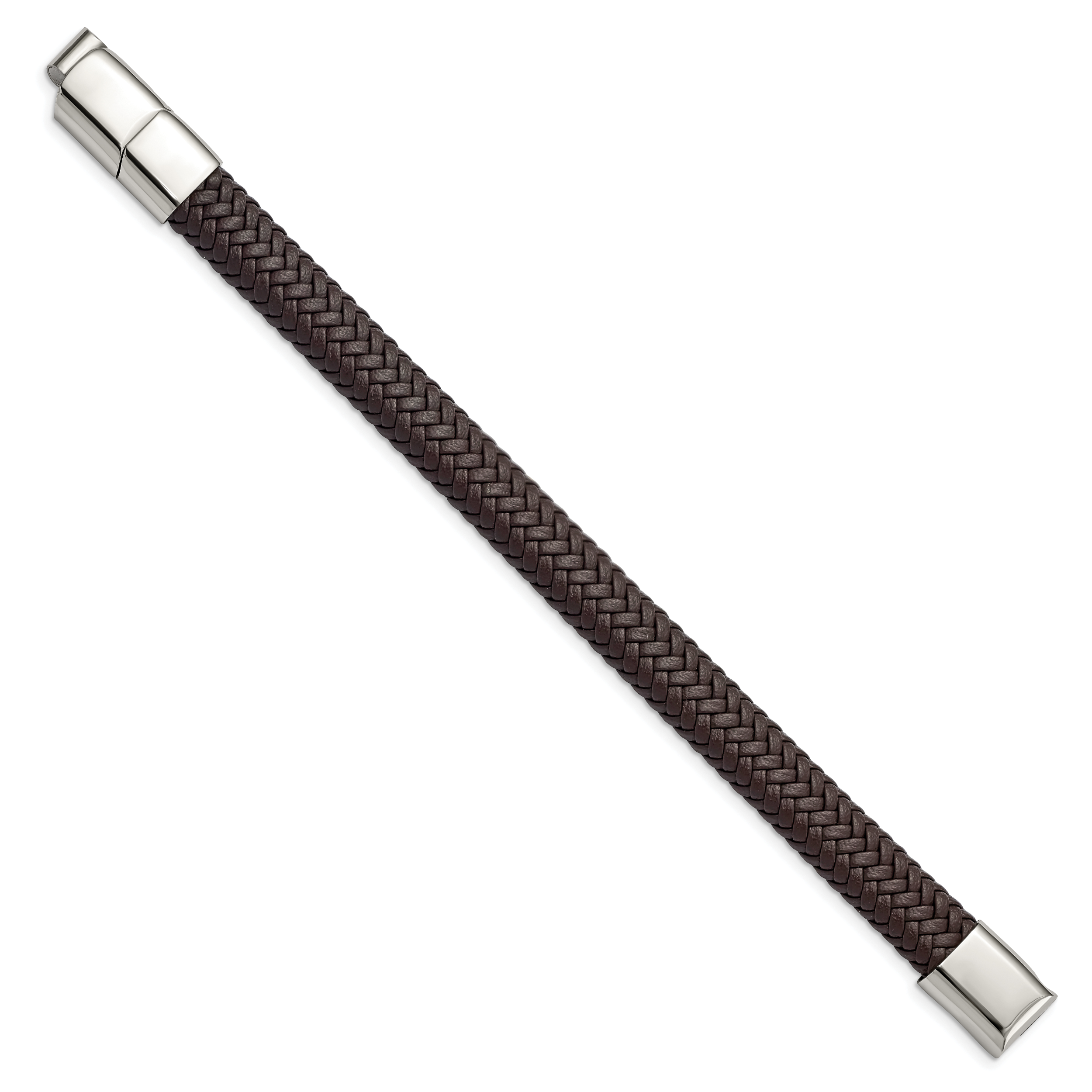 Chisel Stainless Steel Polished Dark Brown Braided Leather 8 inch Bracelet with .5 inch Extension Secondary image