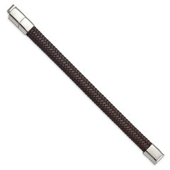 Chisel Stainless Steel Polished Dark Brown Braided Leather 8 inch Bracelet with .5 inch Extension