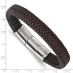 Chisel Stainless Steel Polished Dark Brown Braided Leather 8 inch Bracelet with .5 inch Extension