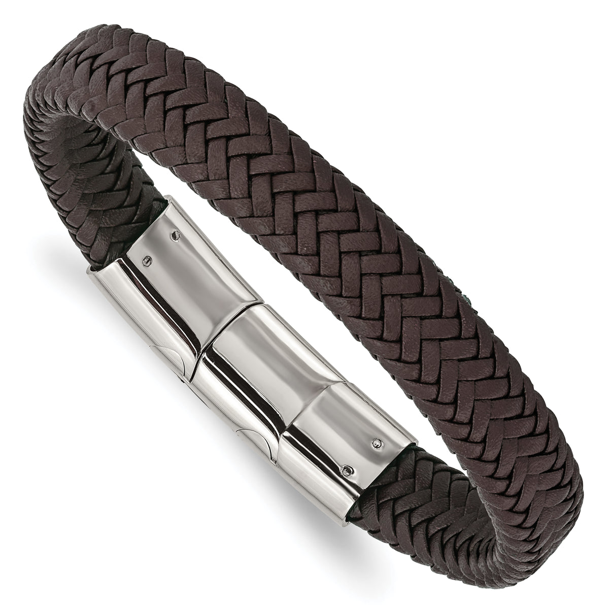 Chisel Stainless Steel Polished Dark Brown Braided Leather 8 inch Bracelet with .5 inch Extension