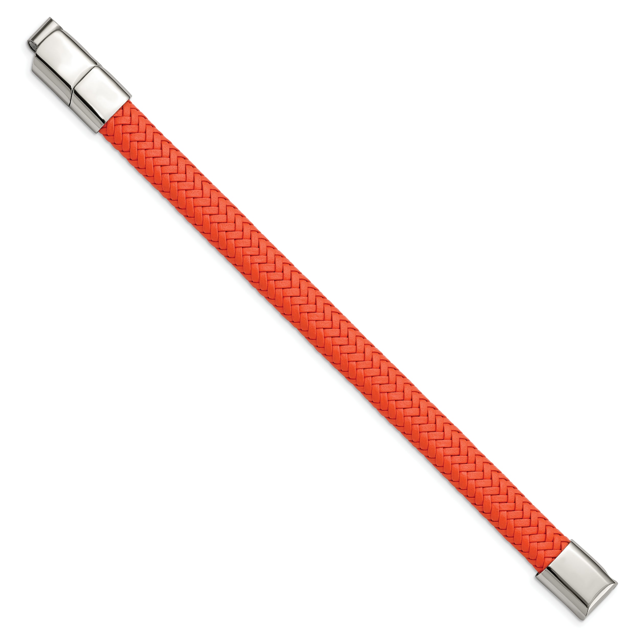 Chisel Stainless Steel Polished Orange Braided Leather 8 inch Bracelet with .5 inch Extension