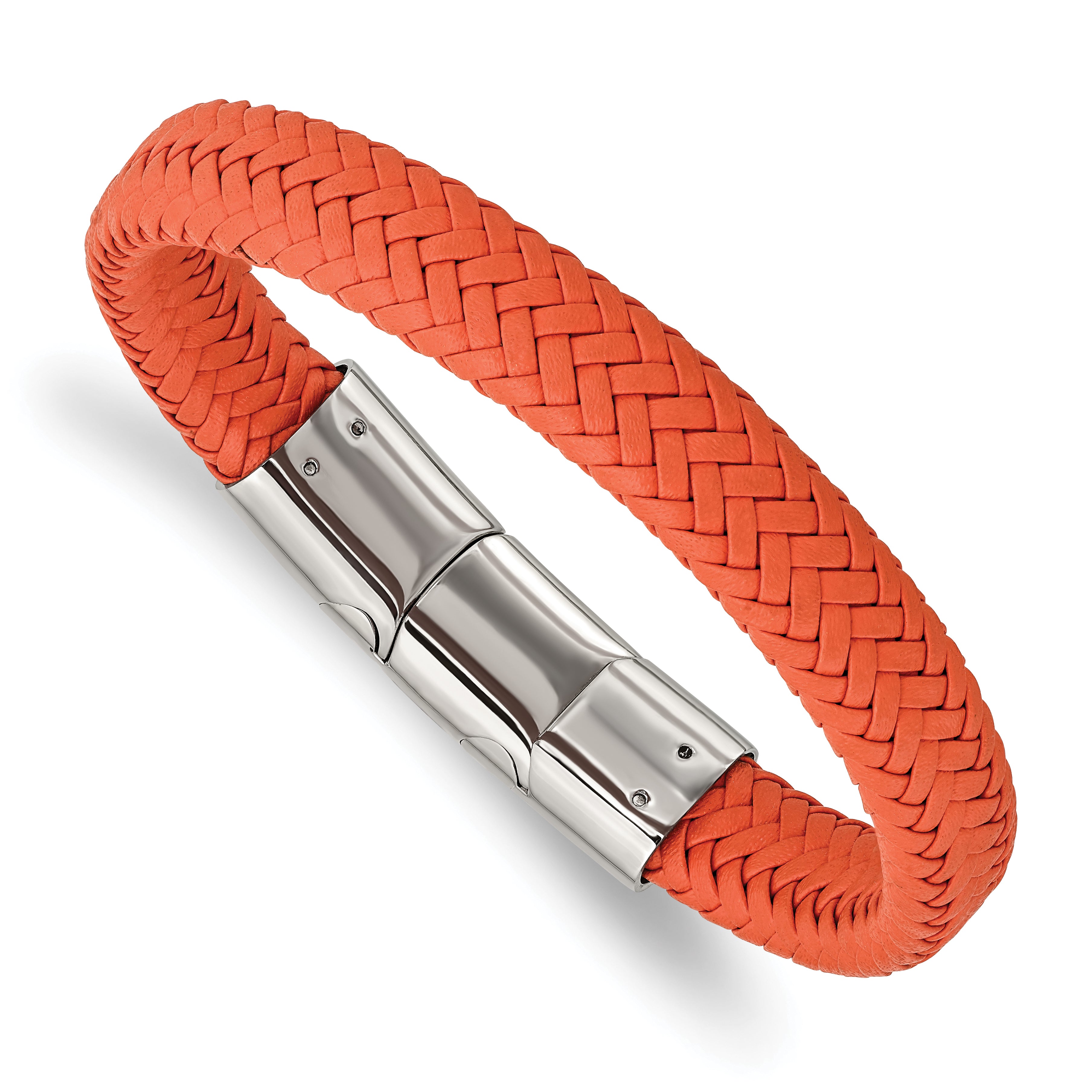 Chisel Stainless Steel Polished Orange Braided Leather 8 inch Bracelet with .5 inch Extension Main image
