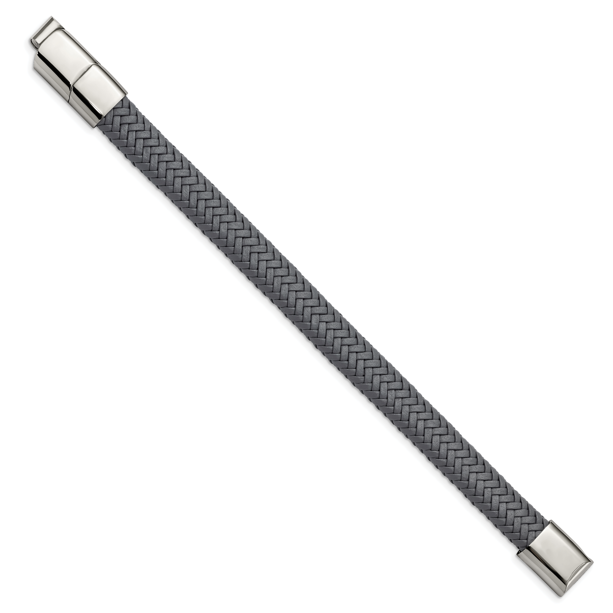 Chisel Stainless Steel Polished Grey Braided Leather 8 inch Bracelet with .5 inch Extension Secondary image