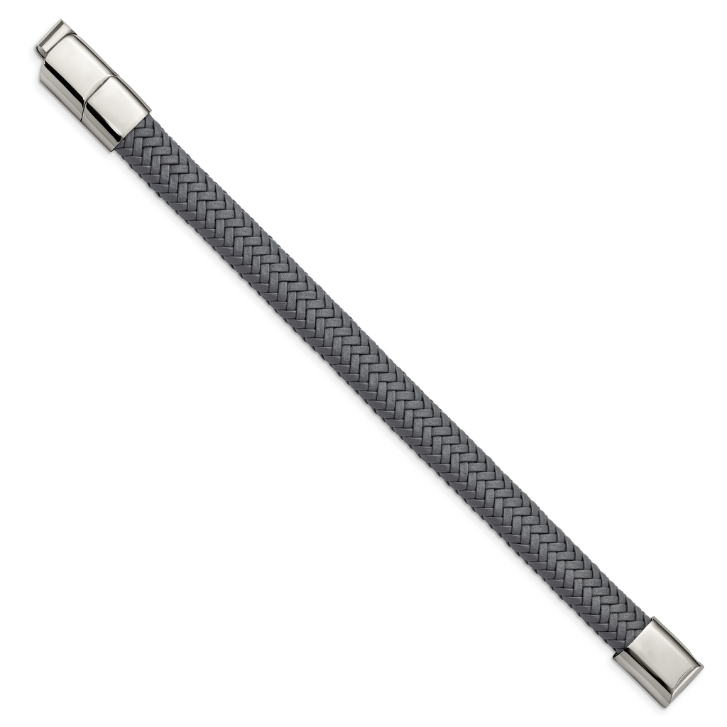 Chisel Stainless Steel Polished Grey Braided Leather 8 inch Bracelet with .5 inch Extension