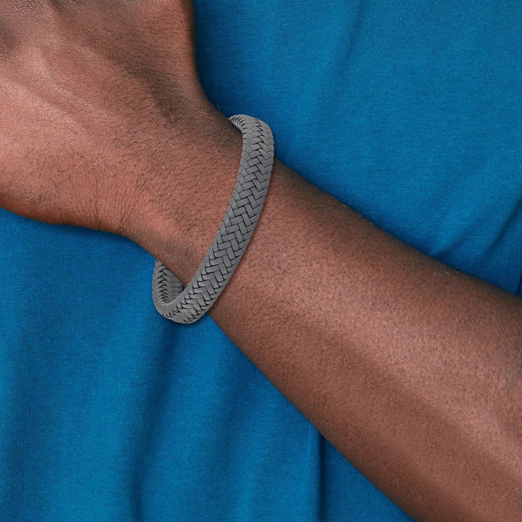 Chisel Stainless Steel Polished Grey Braided Leather 8 inch Bracelet with .5 inch Extension