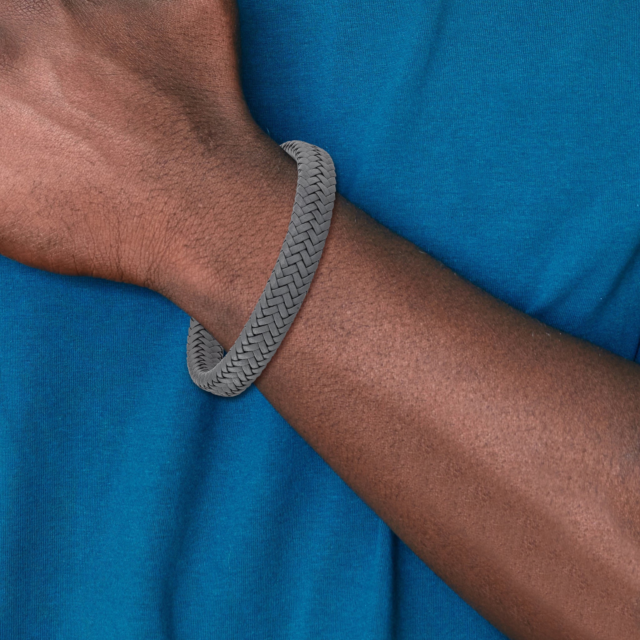 Chisel Stainless Steel Polished Grey Braided Leather 8 inch Bracelet with .5 inch Extension