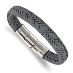 Chisel Stainless Steel Polished Grey Braided Leather 8 inch Bracelet with .5 inch Extension