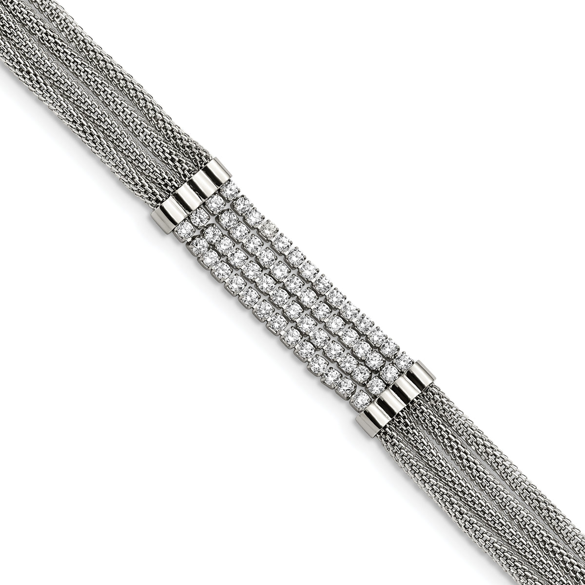 Chisel Stainless Steel Polished with CZ Mesh Multi Strand 6.5 inch Bracelet with 1.5 inch Extension