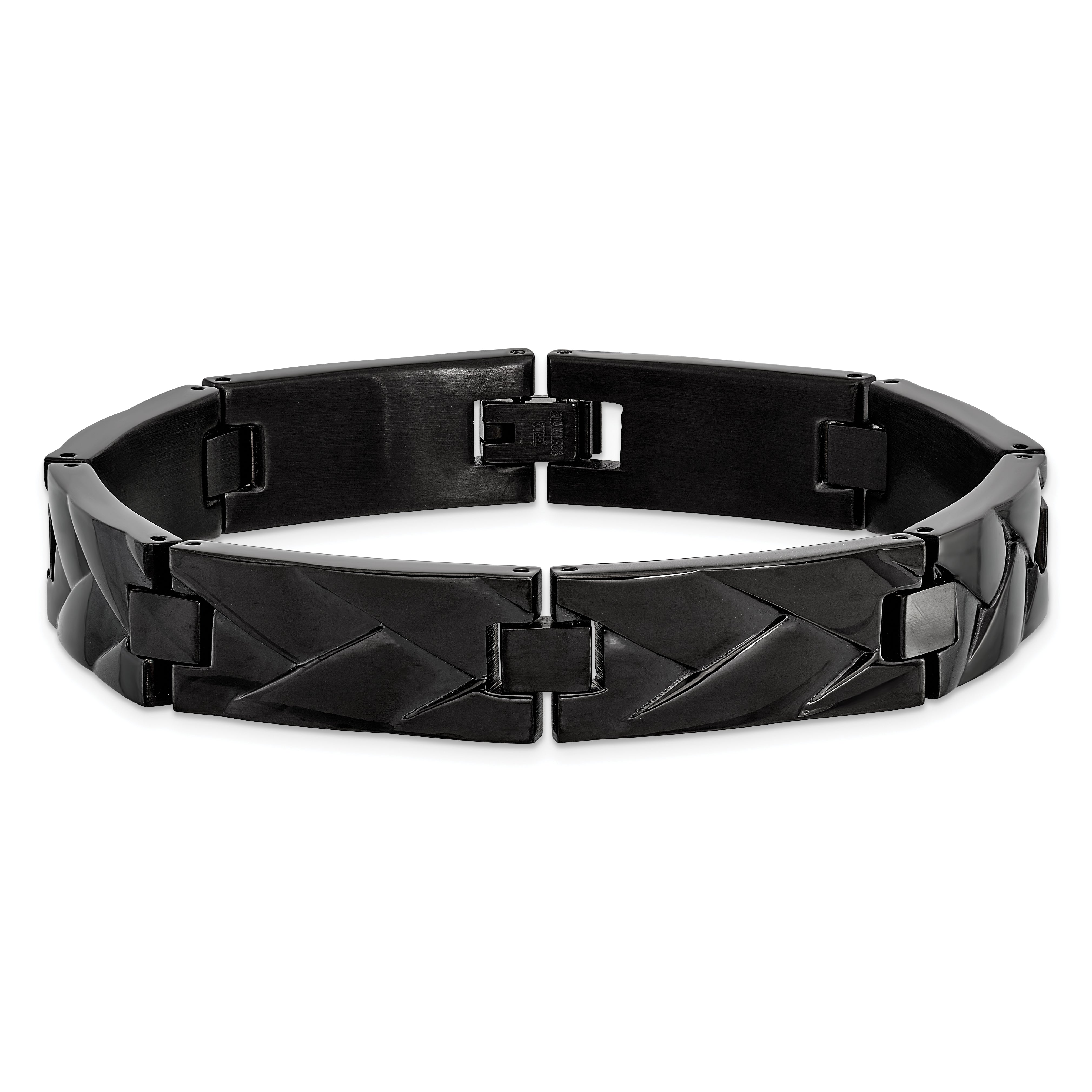 Chisel Stainless Steel Polished Black IP-plated Grooved Design Link 9 inch Bracelet
