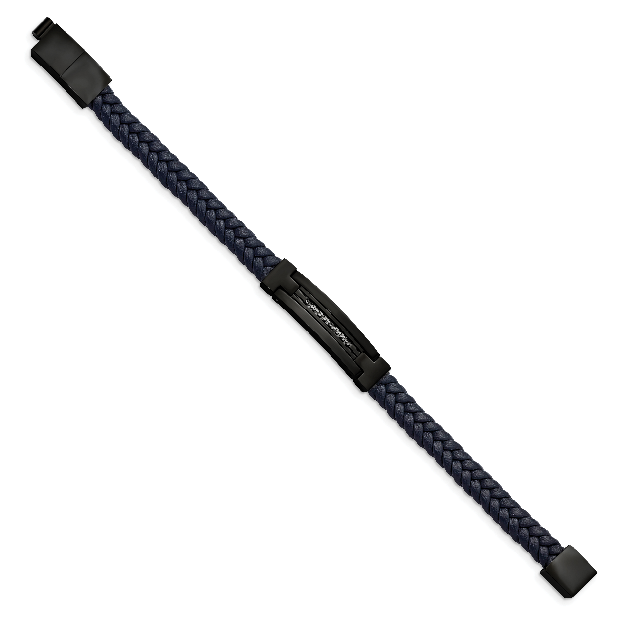 Chisel Stainless Steel Polished Black IP-plated Navy Blue Braided Leather 8 inch Bracelet with .5 inch Extension Secondary image