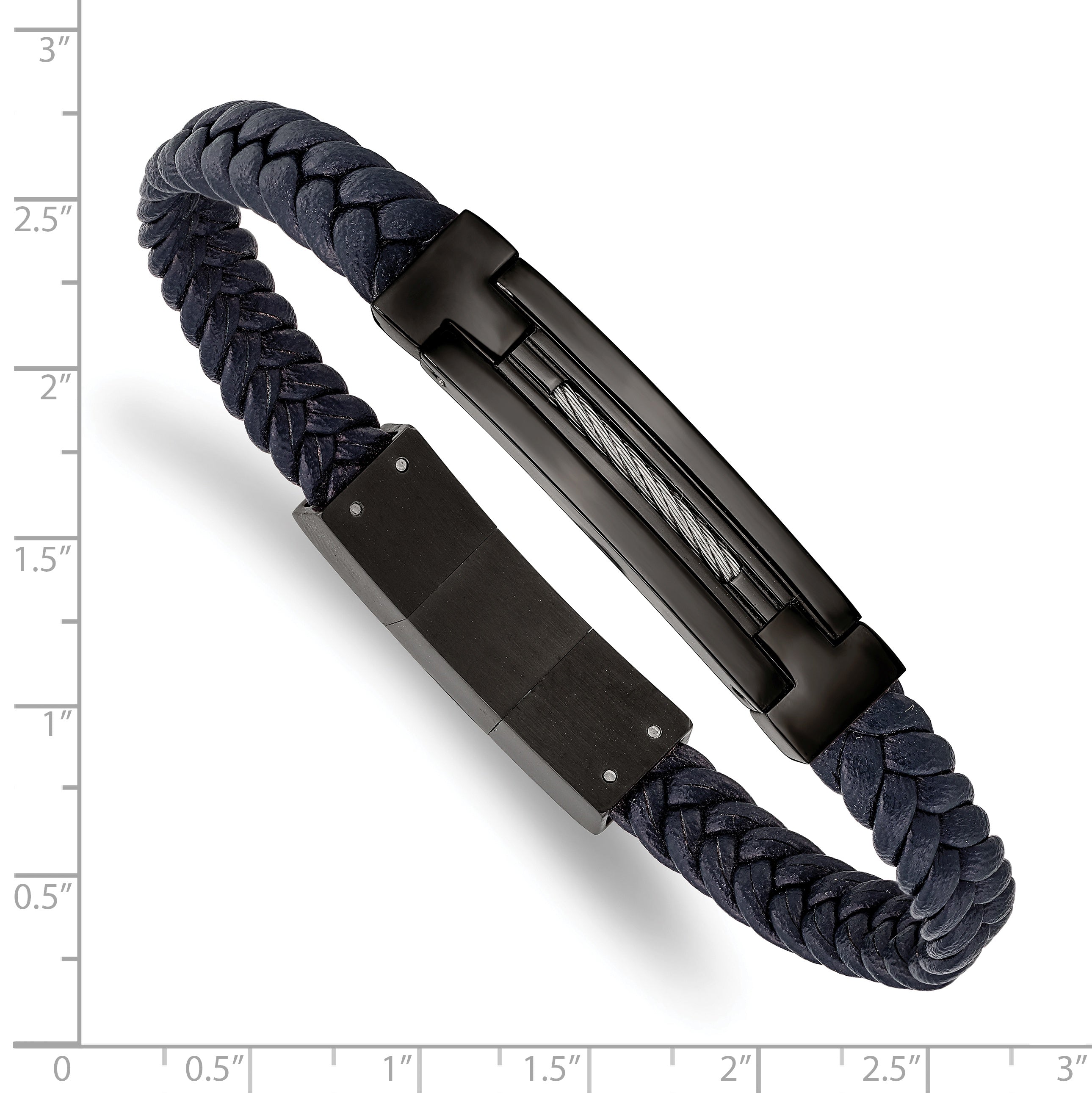 Chisel Stainless Steel Polished Black IP-plated Navy Blue Braided Leather 8 inch Bracelet with .5 inch Extension
