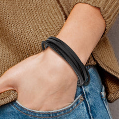 Chisel Stainless Steel Brushed Multi Strand Black Leather 8 inch Bracelet