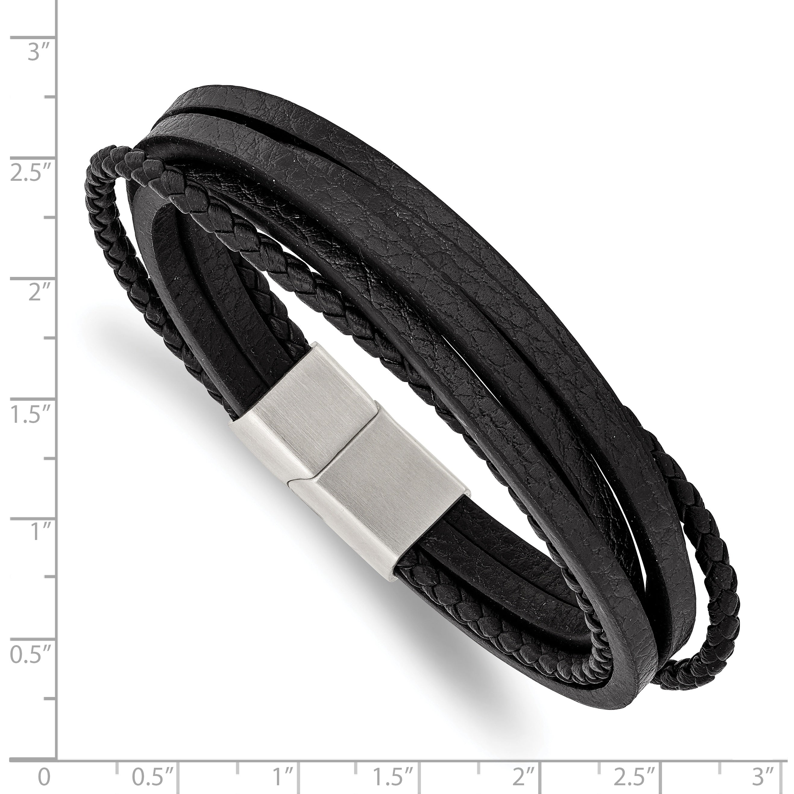 Chisel Stainless Steel Brushed Multi Strand Black Leather 8 inch Bracelet