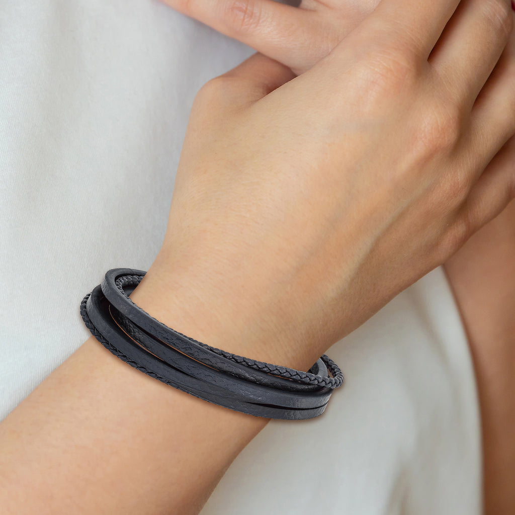 Multi-Strand Leather Bracelet in Stainless Steel, Navy