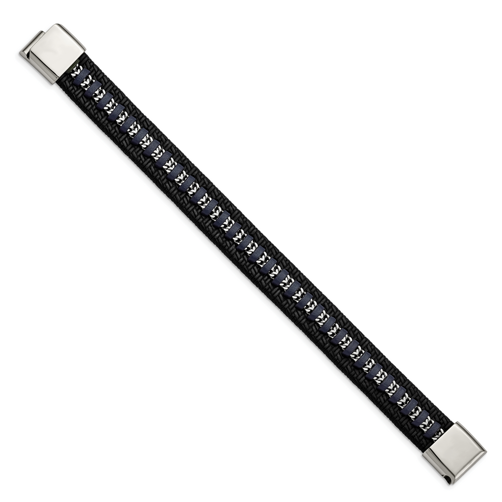 Black & Blue Leather Bracelet in Stainless Steel
