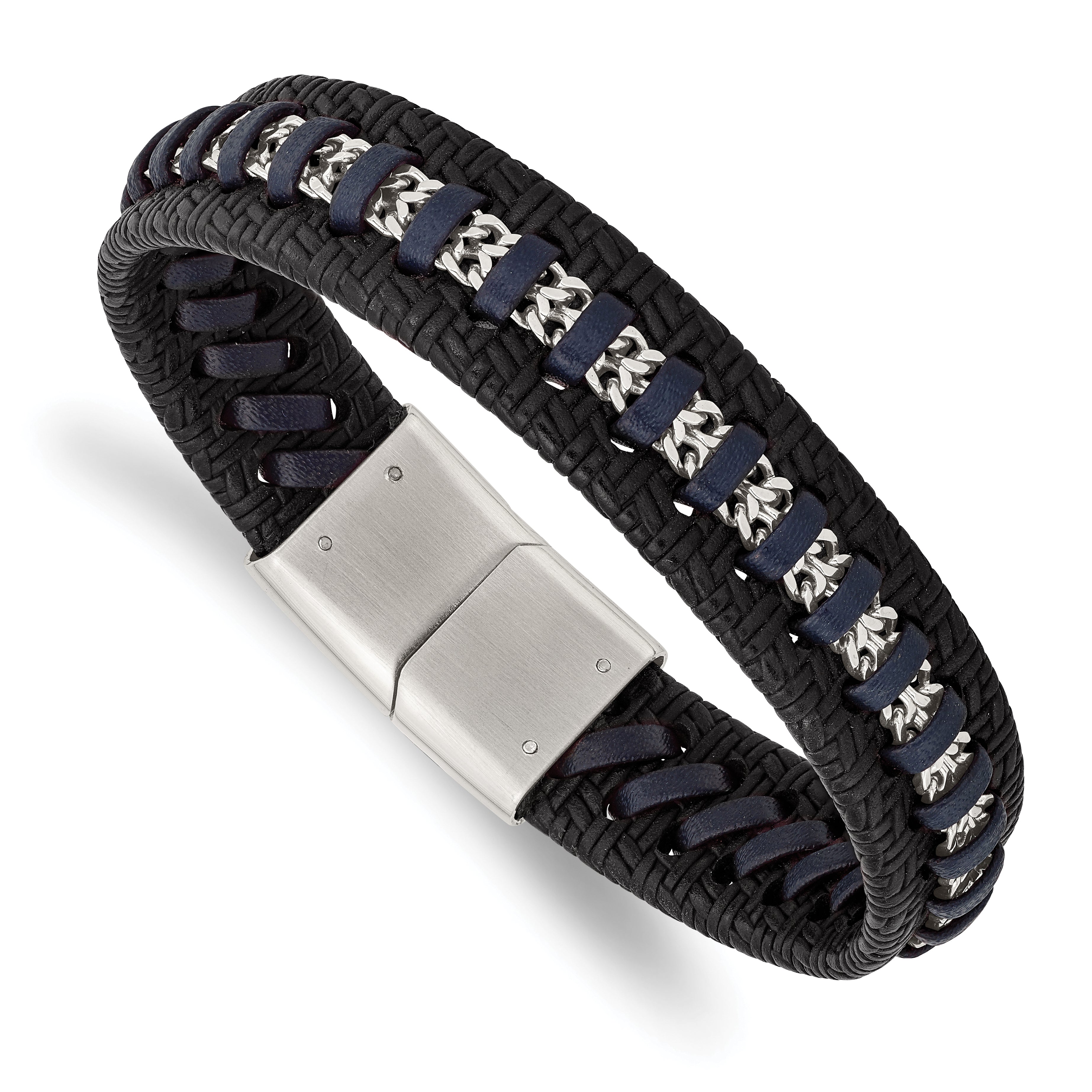 Stainless Steel Polished Black and Blue Leather 8.5in Bracelet Main image