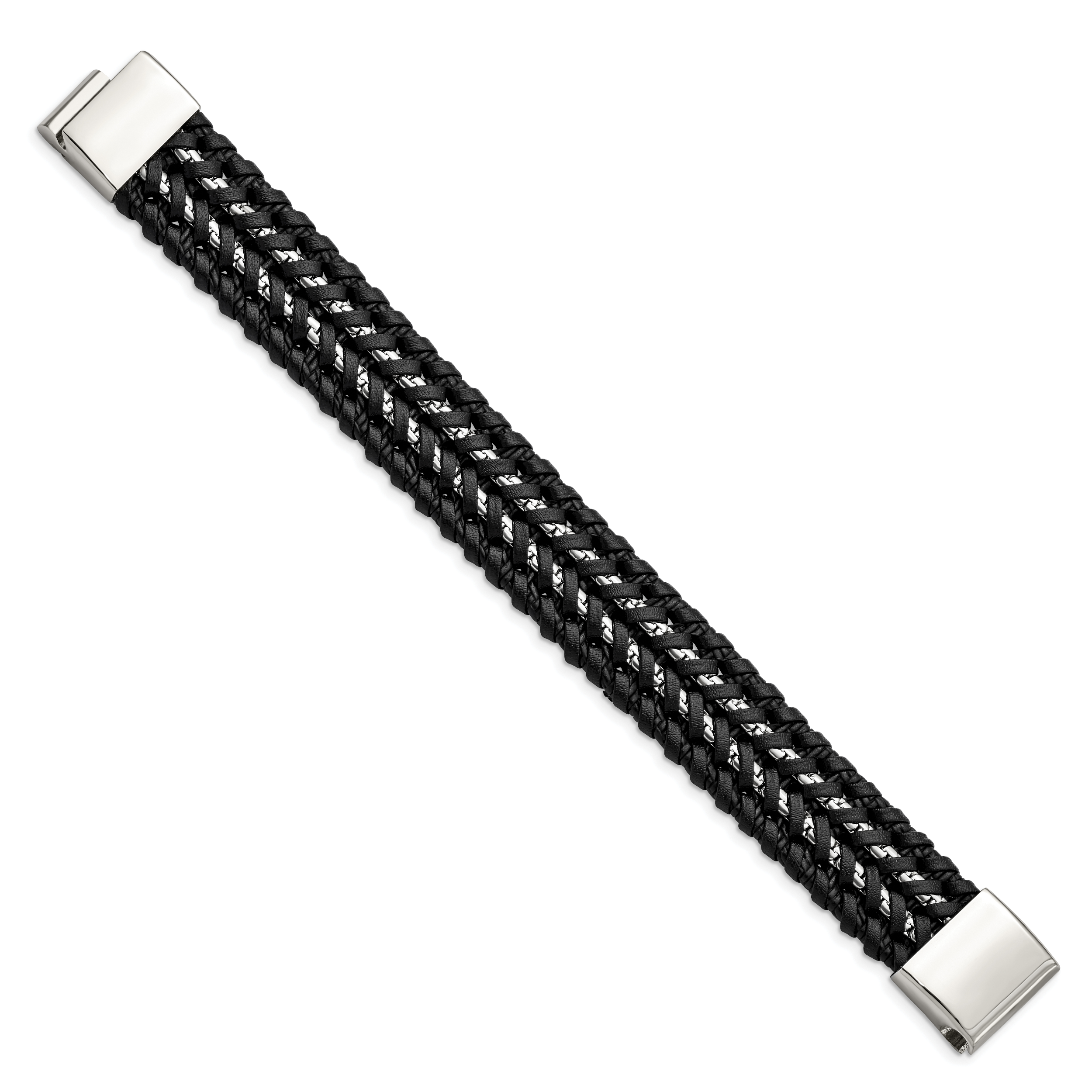 Woven Leather & Chain Bracelet in Stainless Steel