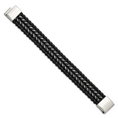 Chisel Stainless Steel Polished Black Woven Leather and Chain 8.5 inch Bracelet