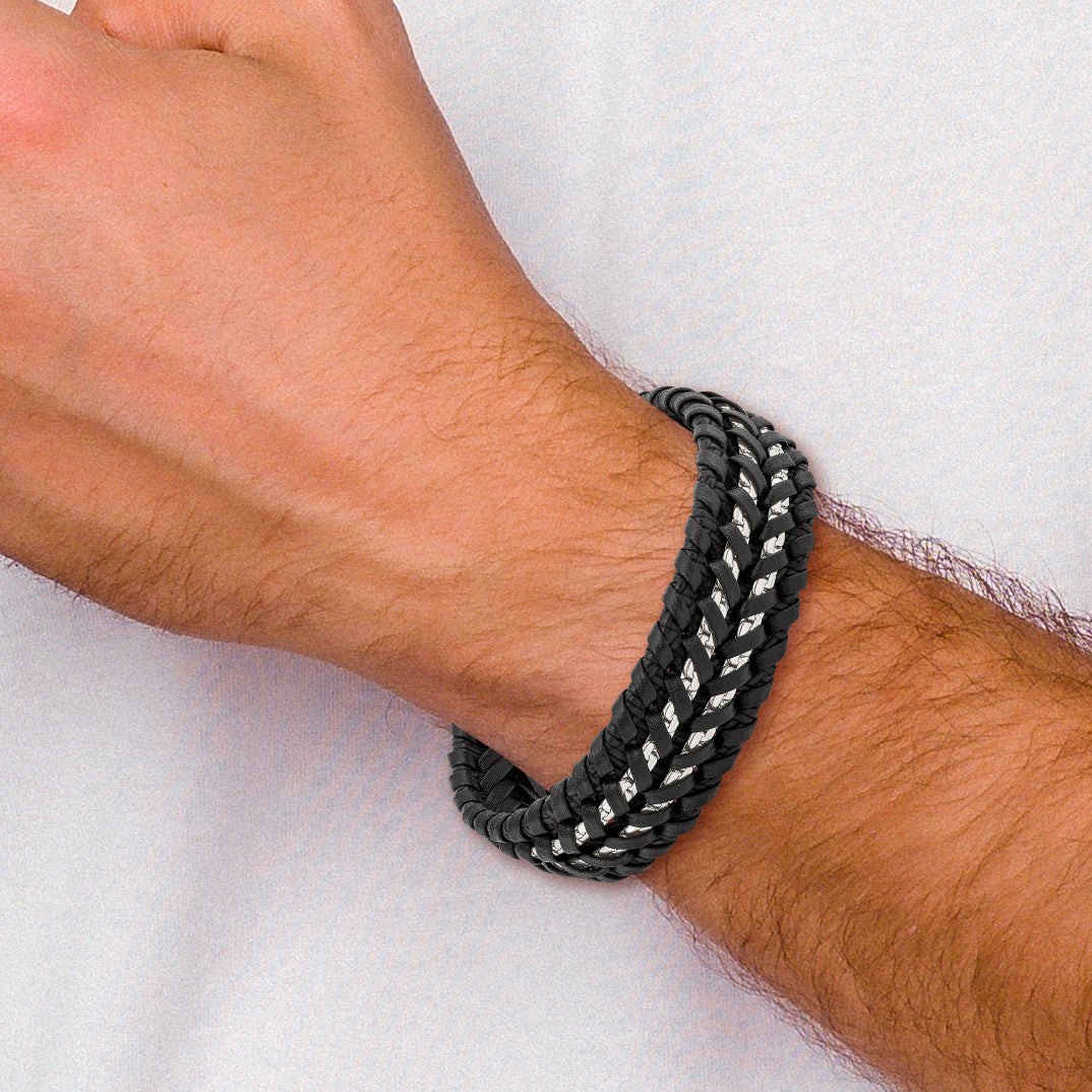 Chisel Stainless Steel Polished Black Woven Leather and Chain 8.5 inch Bracelet