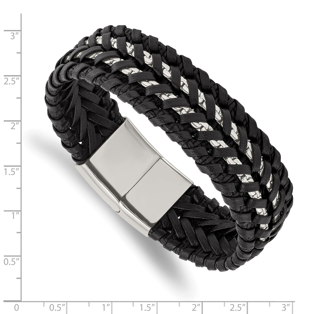 Woven Leather & Chain Bracelet in Stainless Steel