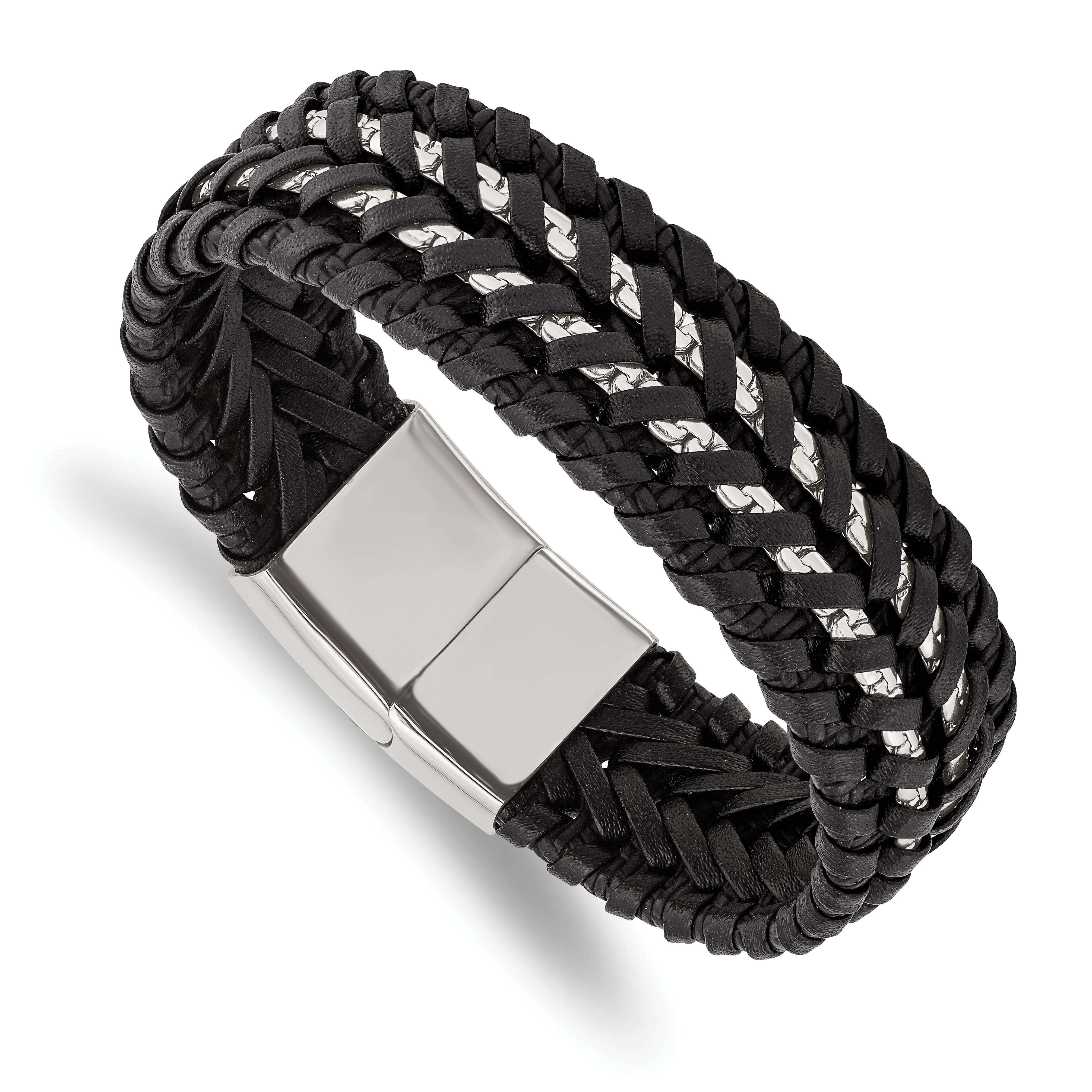 Chisel Stainless Steel Polished Black Woven Leather and Chain 8.5 inch Bracelet Main image