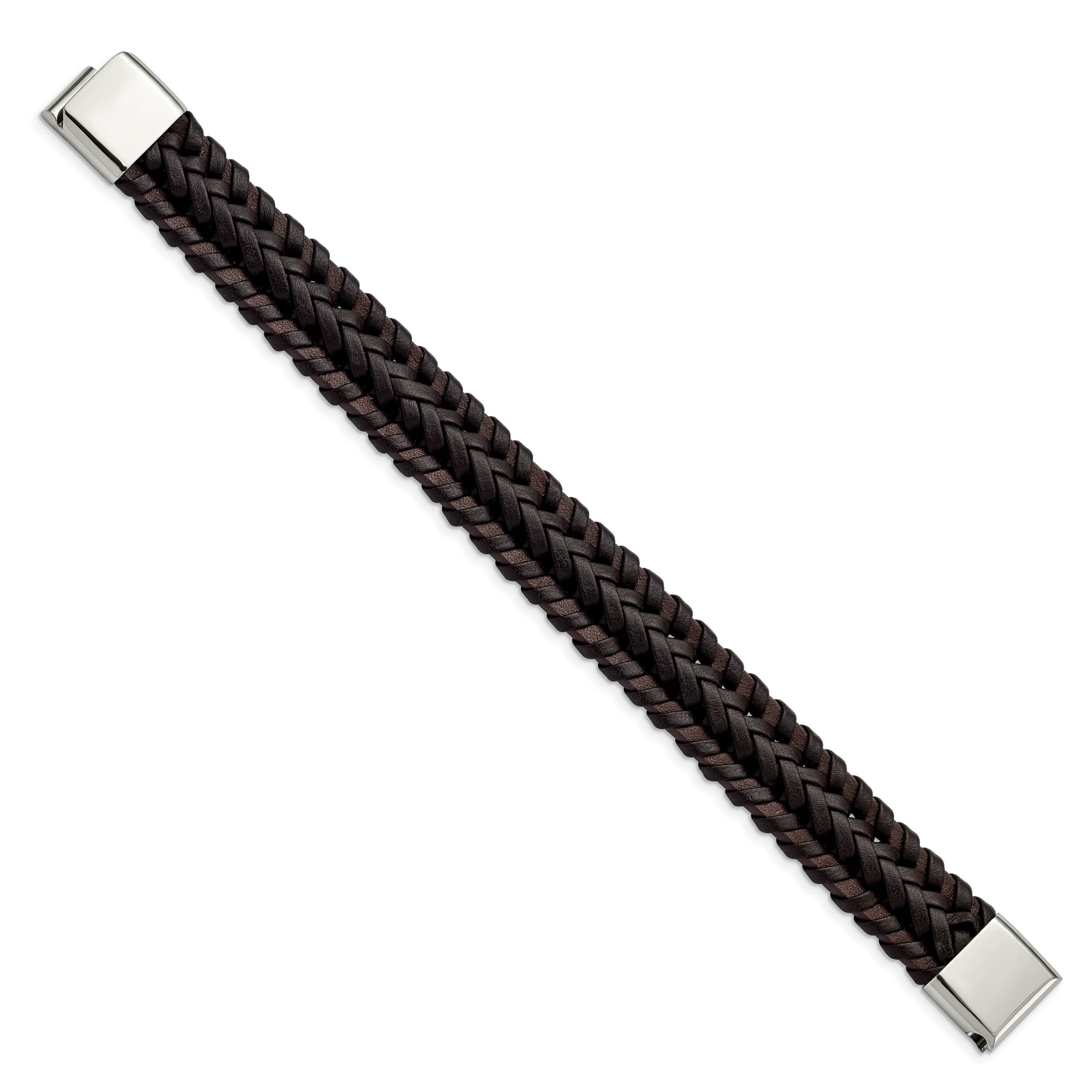 Chisel Stainless Steel Polished Brown Braided Leather 8.5 inch Bracelet Secondary image