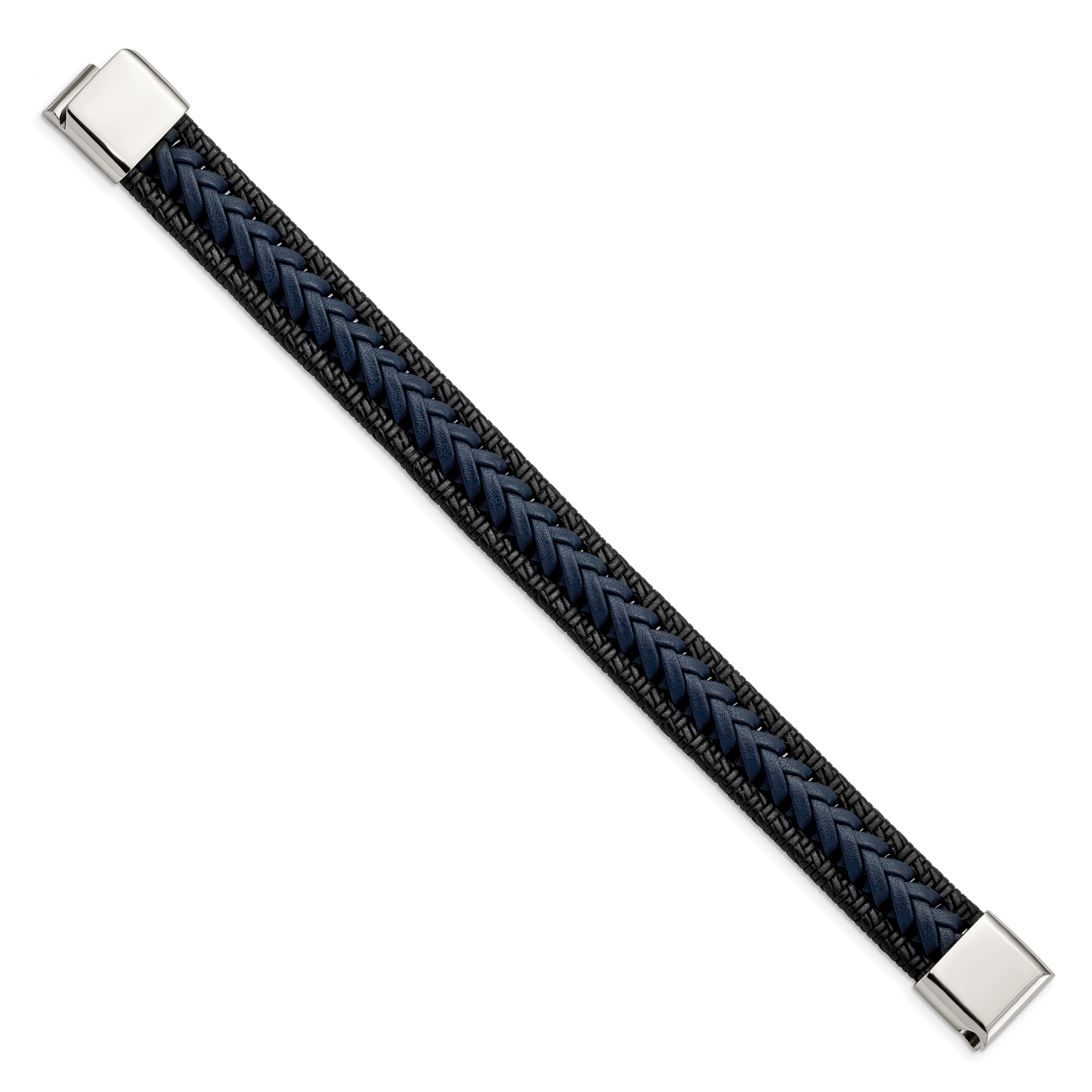 Chisel Stainless Steel Polished Black and Blue Braided Leather 8.25 inch Bracelet Secondary image