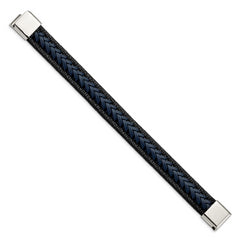 Chisel Stainless Steel Polished Black and Blue Braided Leather 8.25 inch Bracelet