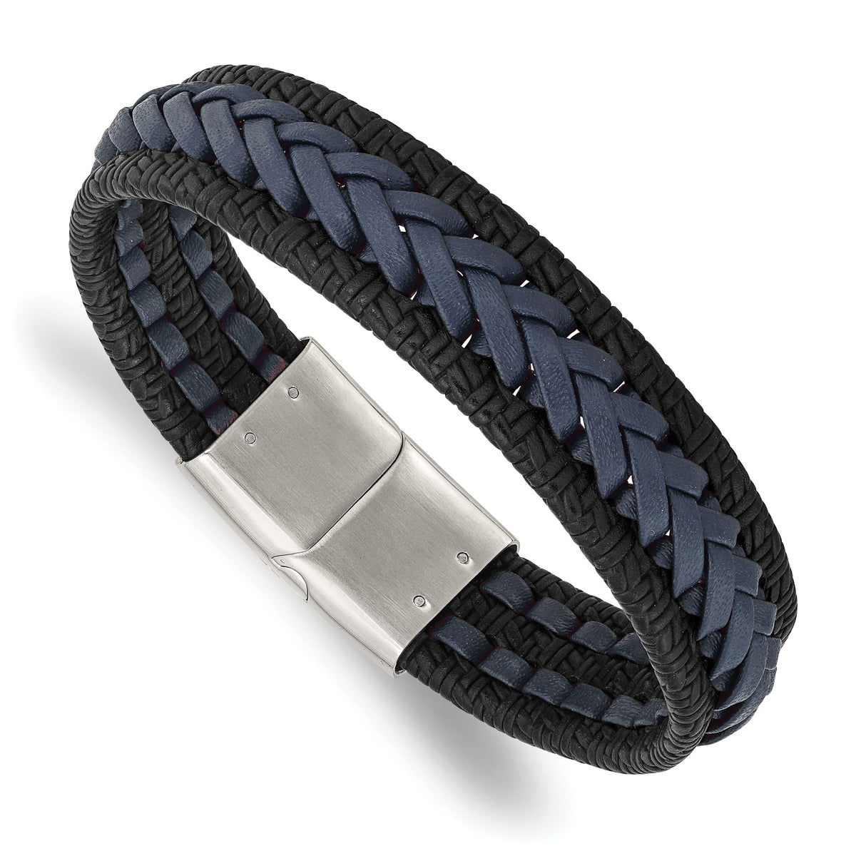 Chisel Stainless Steel Polished Black and Blue Braided Leather 8.25 inch Bracelet